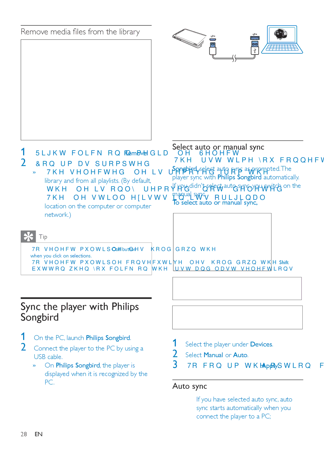 Philips SA4VD408, SA4VD404 user manual Sync the player with Philips Songbird, Select auto or manual sync, Auto sync 