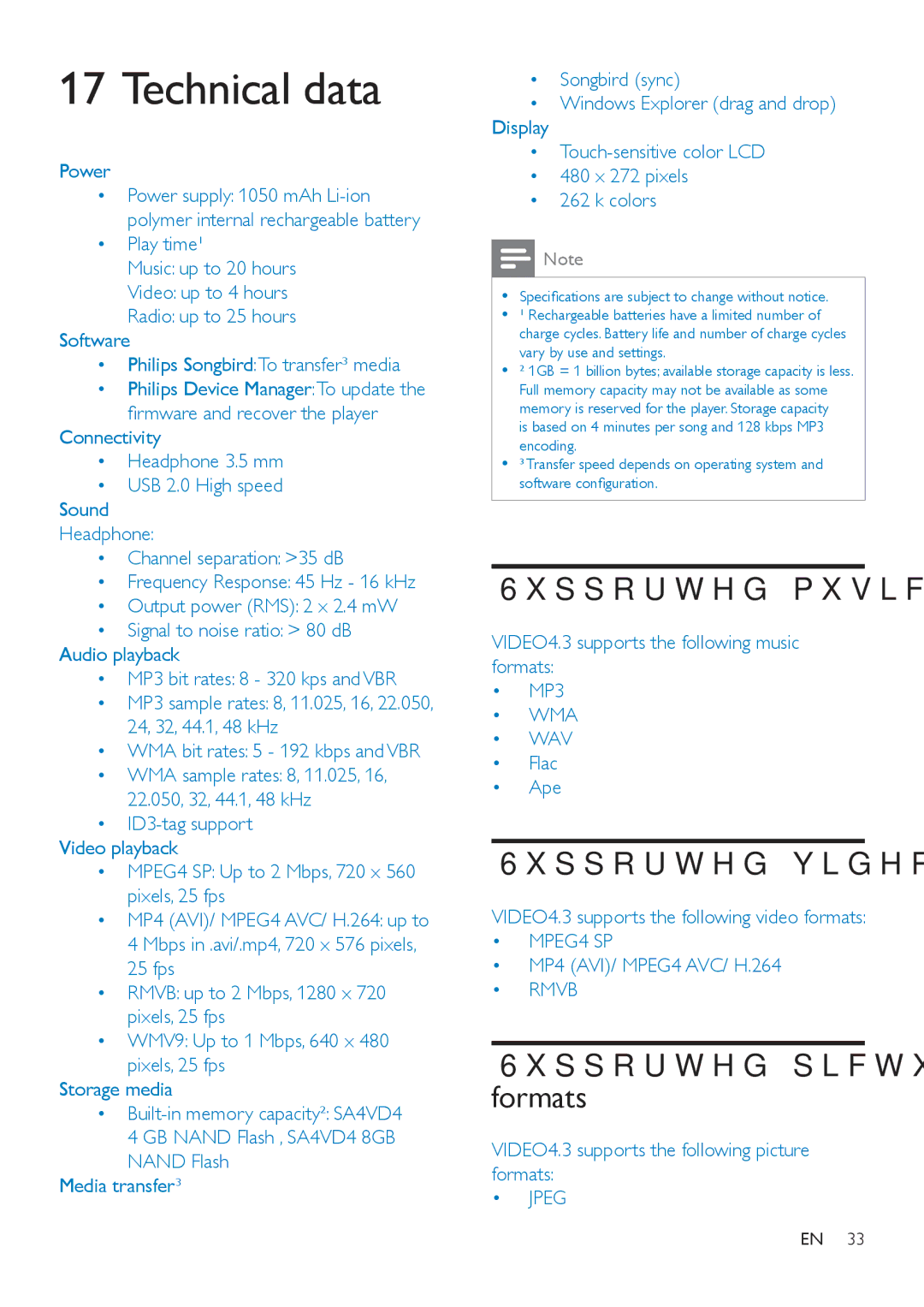 Philips SA4VD404, SA4VD408 user manual Technical data, Power, VIDEO4.3 supports the following picture formats, ‡ Jpeg 