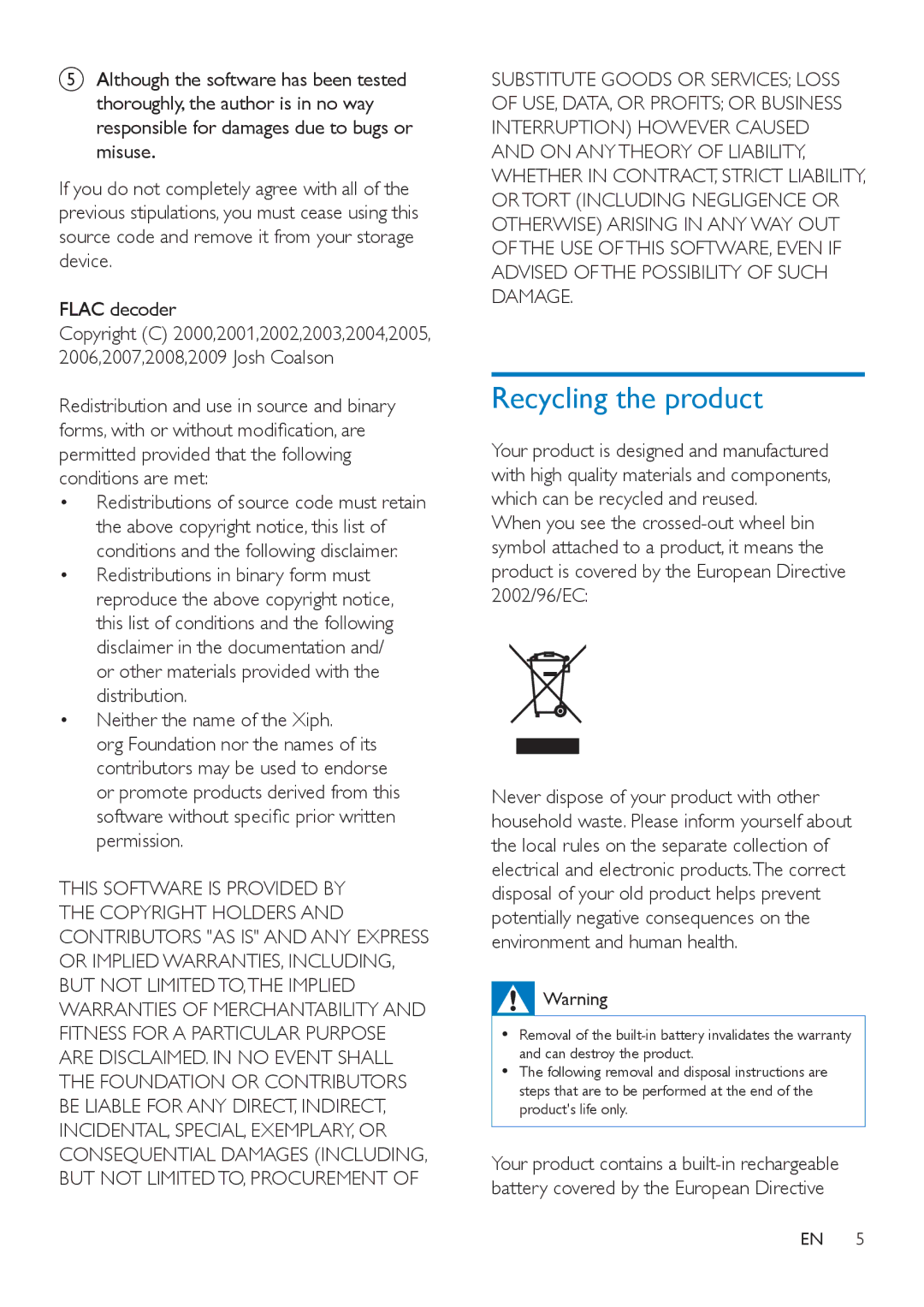 Philips SA4VD404, SA4VD408 user manual Recycling the product 