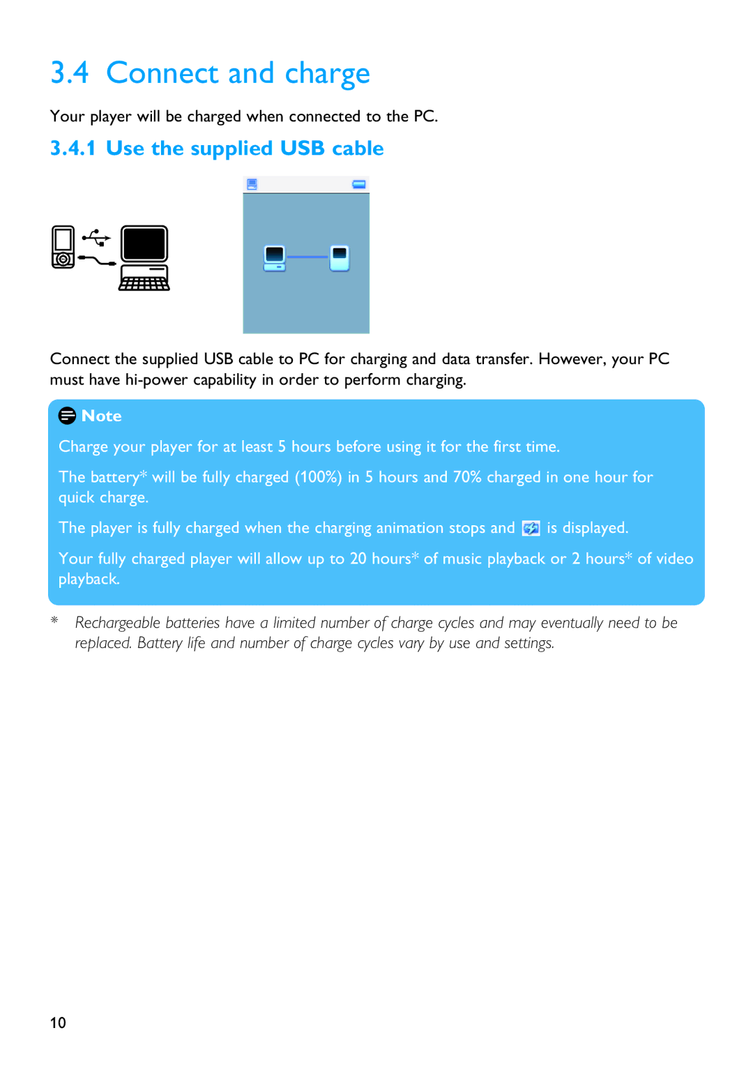 Philips SA5114 manual Connect and charge, Use the supplied USB cable 