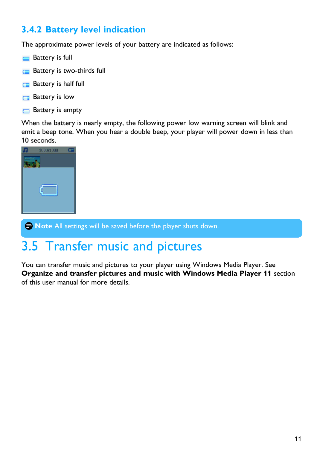 Philips SA5114 manual Transfer music and pictures, Battery level indication 