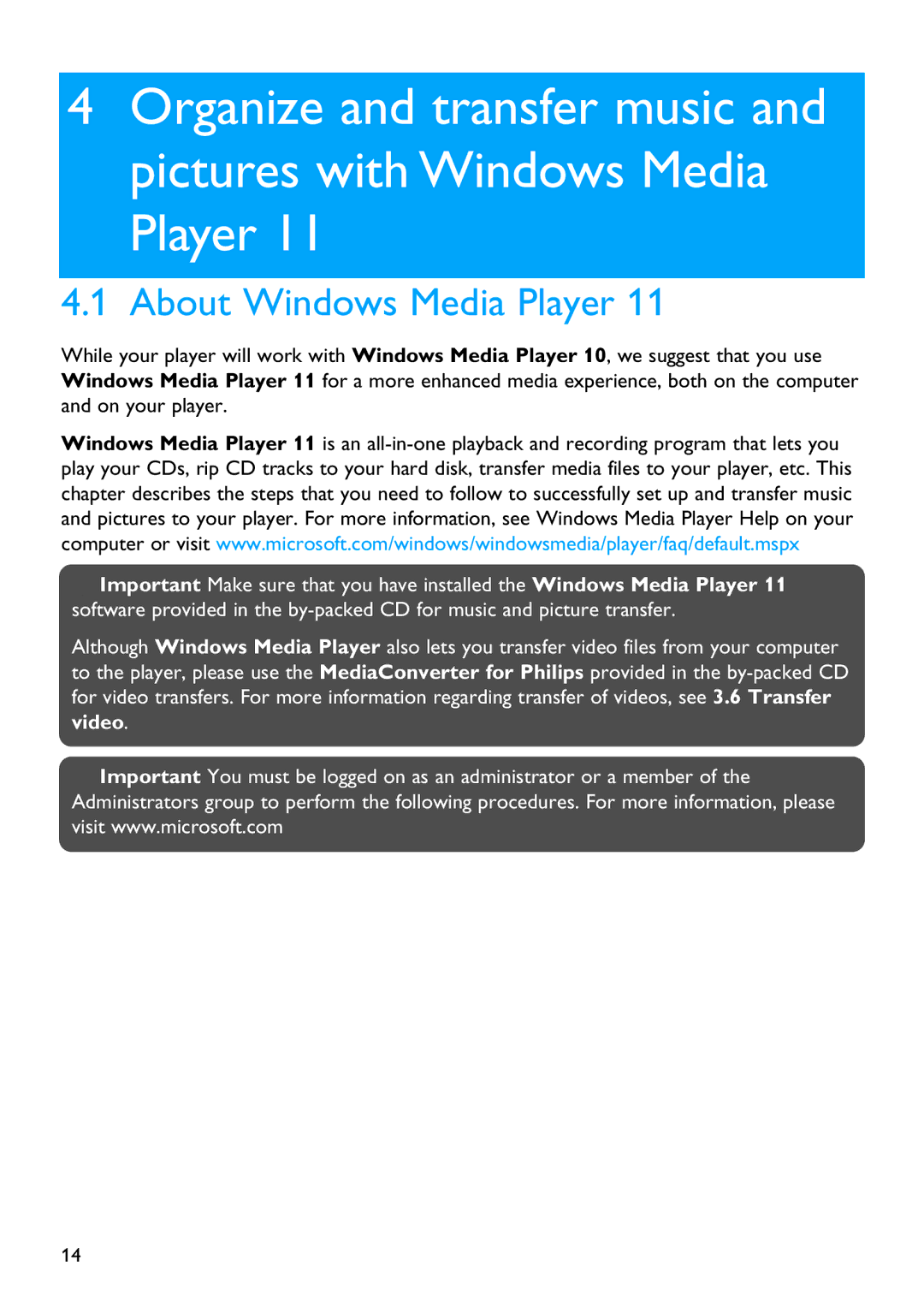 Philips SA5114 manual About Windows Media Player 