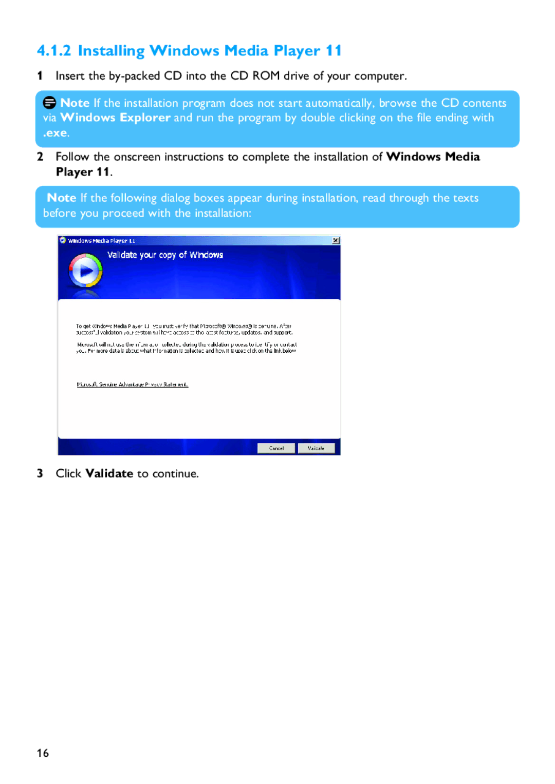 Philips SA5114 manual Installing Windows Media Player, Exe 