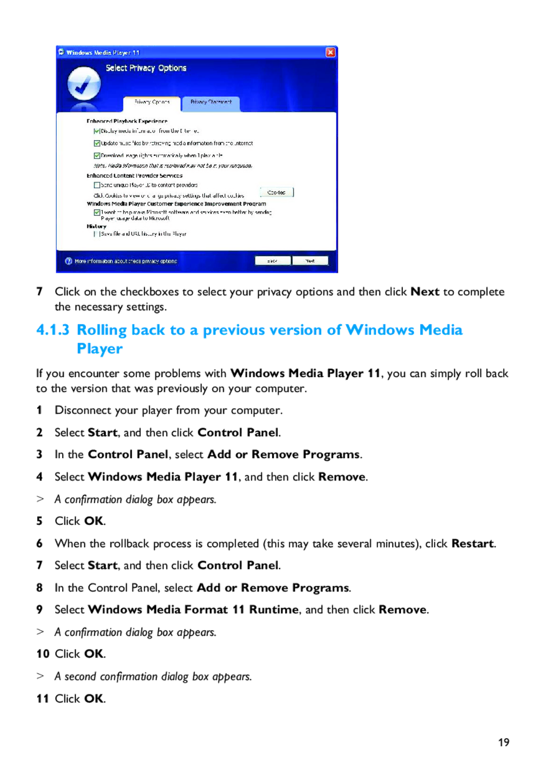 Philips SA5114 manual Rolling back to a previous version of Windows Media Player, Confirmation dialog box appears 