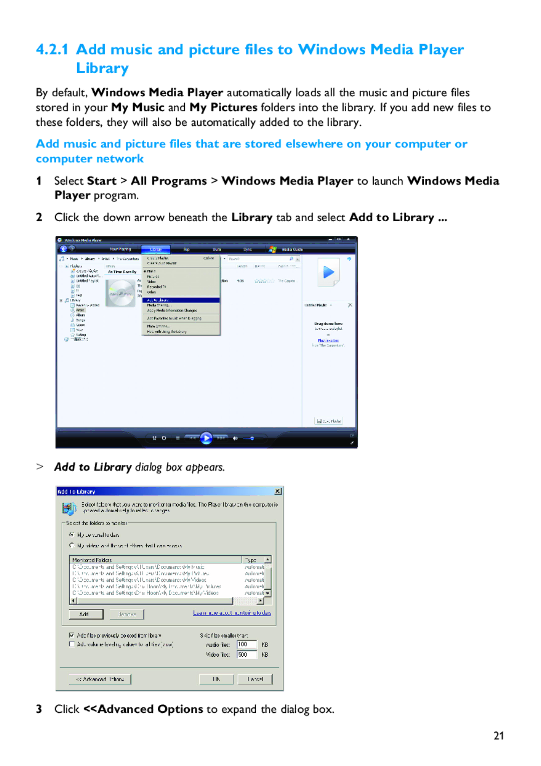 Philips SA5114 manual Add music and picture files to Windows Media Player Library, Add to Library dialog box appears 