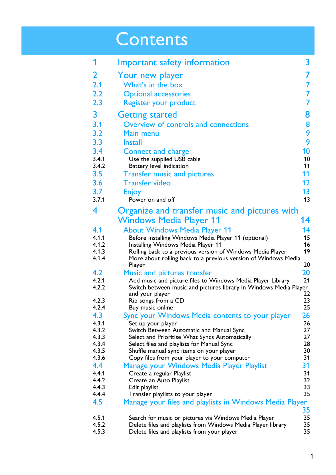 Philips SA5114 manual Contents 