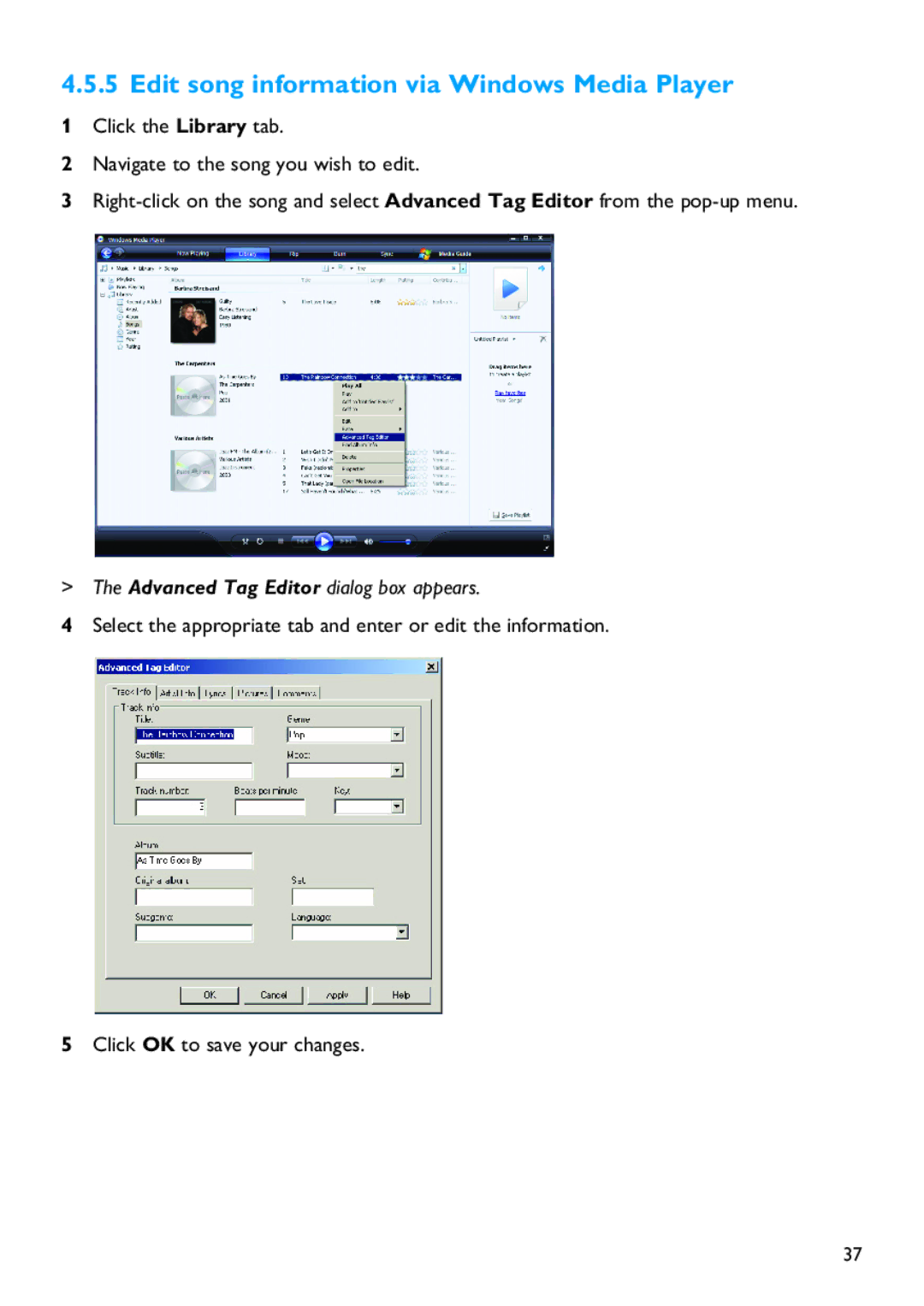 Philips SA5114 manual Edit song information via Windows Media Player, Advanced Tag Editor dialog box appears 