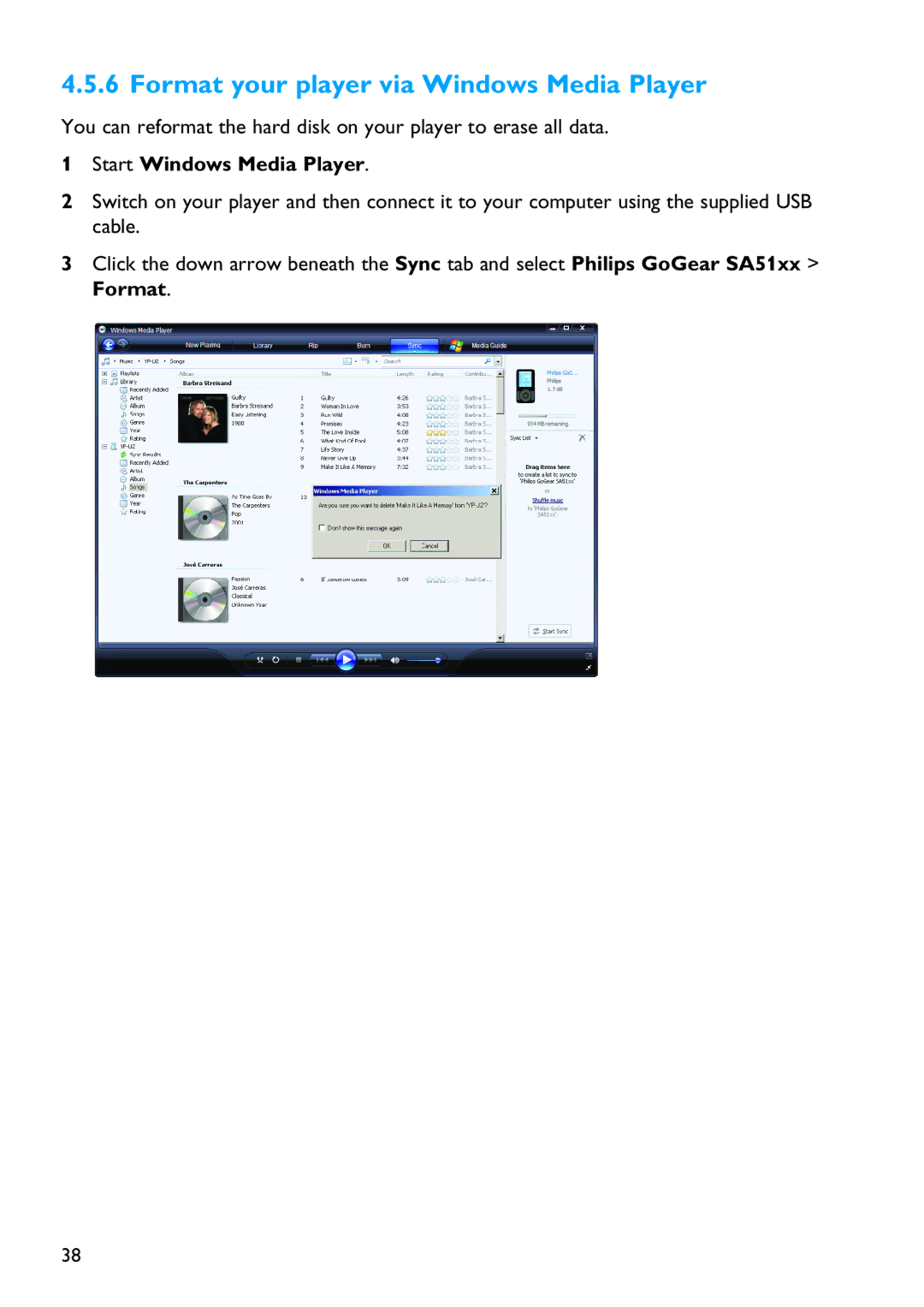 Philips SA5114 manual Format your player via Windows Media Player, Start Windows Media Player 