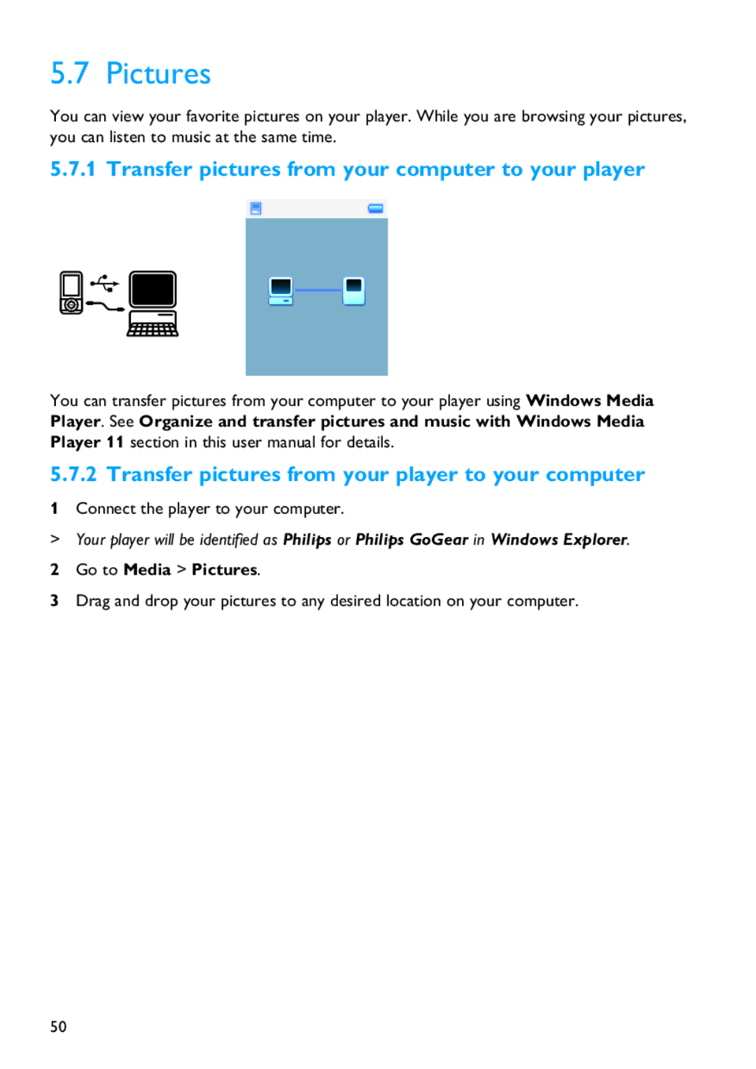 Philips SA5114 manual Transfer pictures from your computer to your player, Go to Media Pictures 