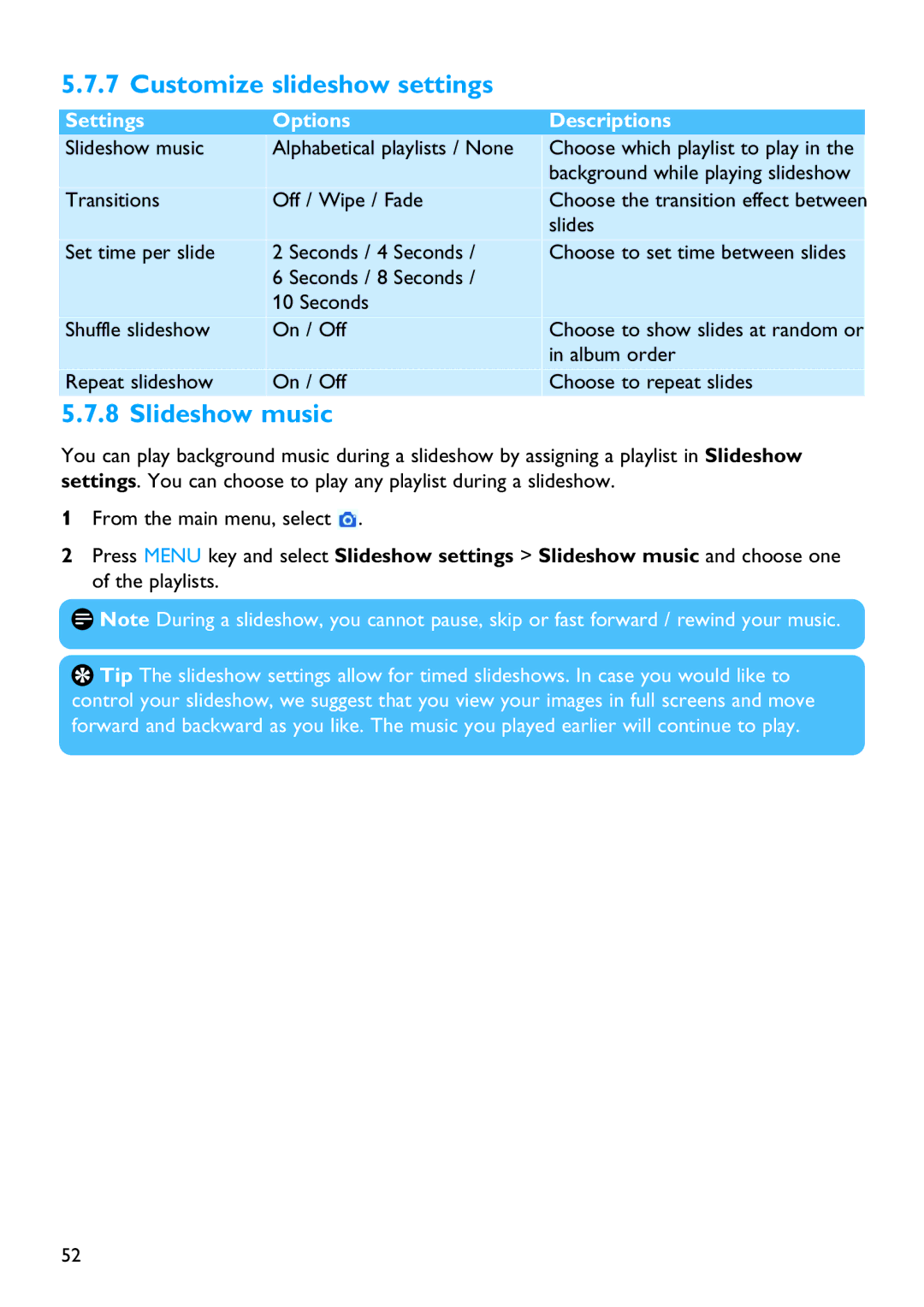 Philips SA5114 manual Customize slideshow settings, Slideshow music 