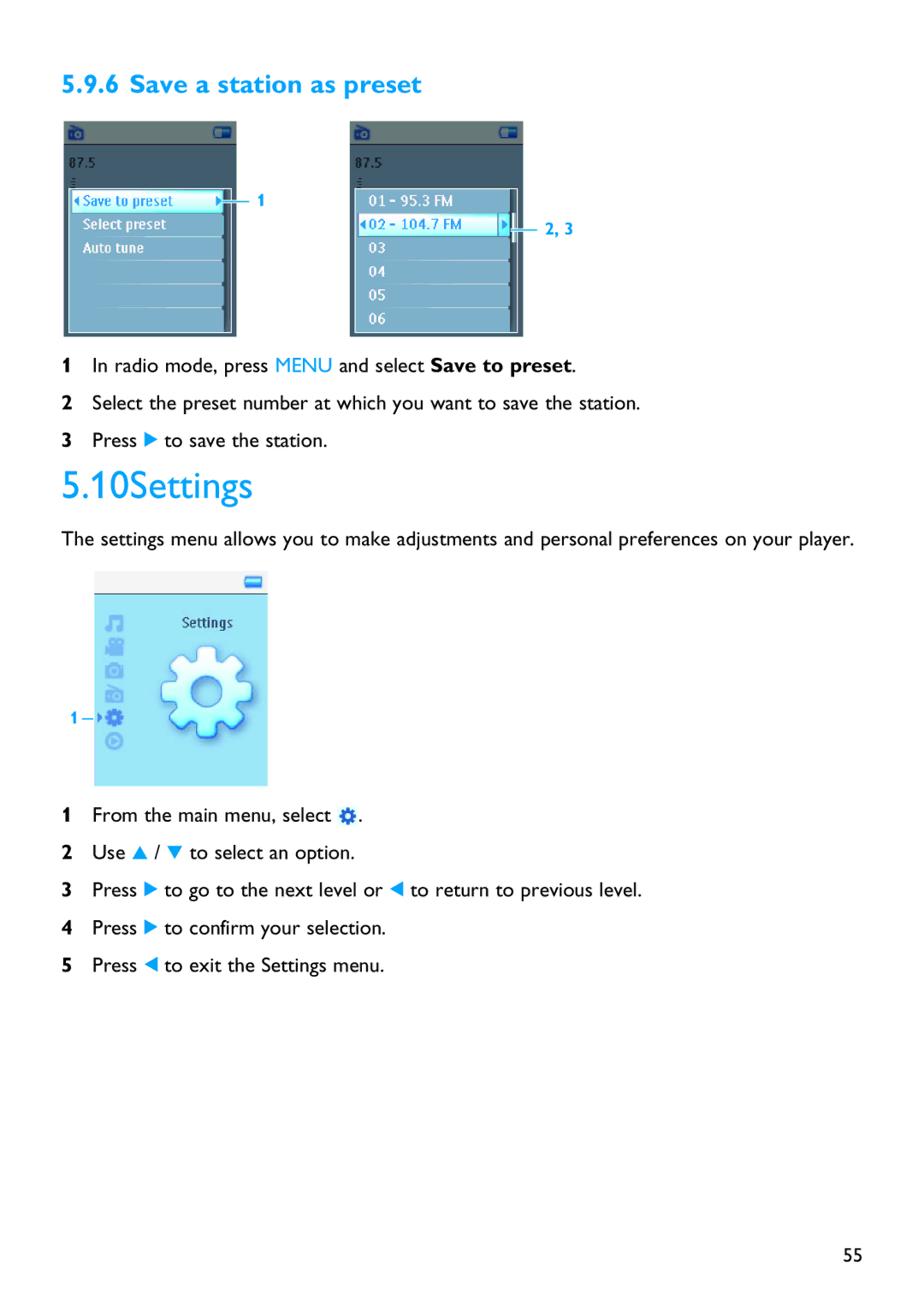 Philips SA5114 manual 10Settings, Save a station as preset 