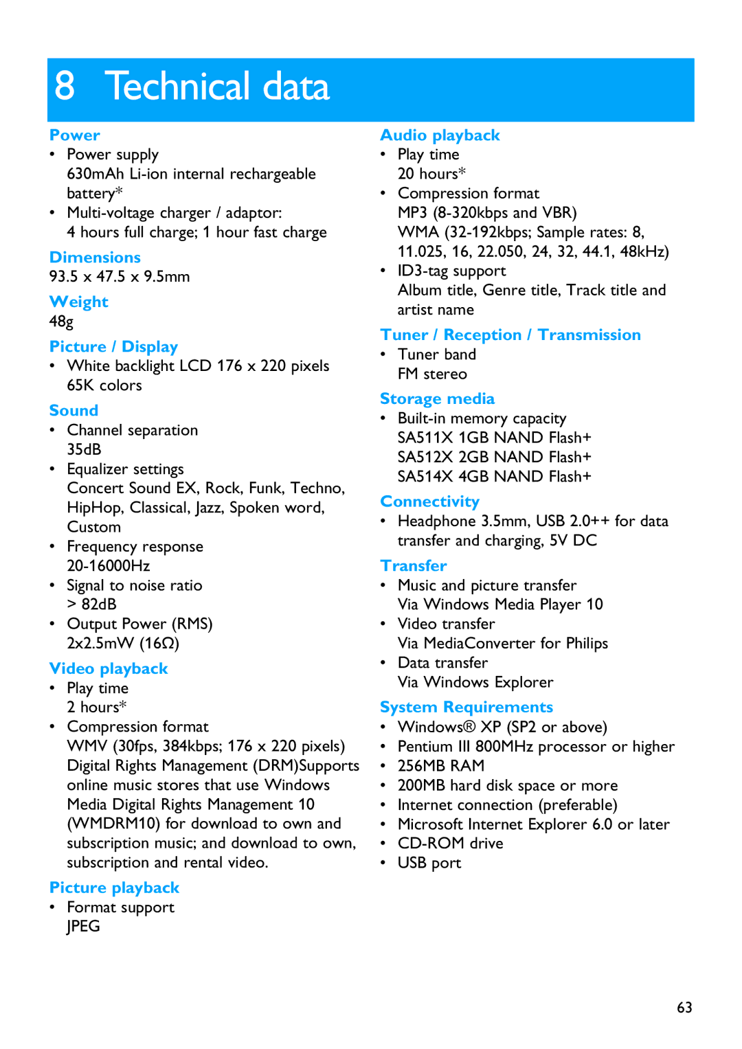 Philips SA5114 manual Technical data, Power 