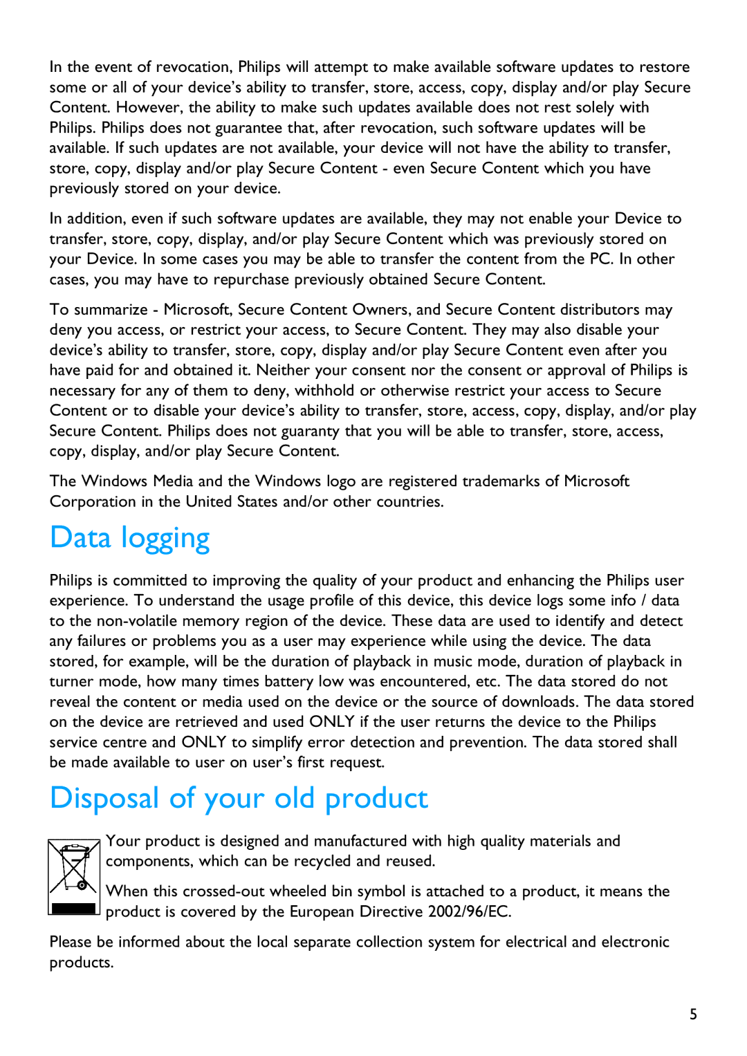 Philips SA5114 manual Data logging, Disposal of your old product 