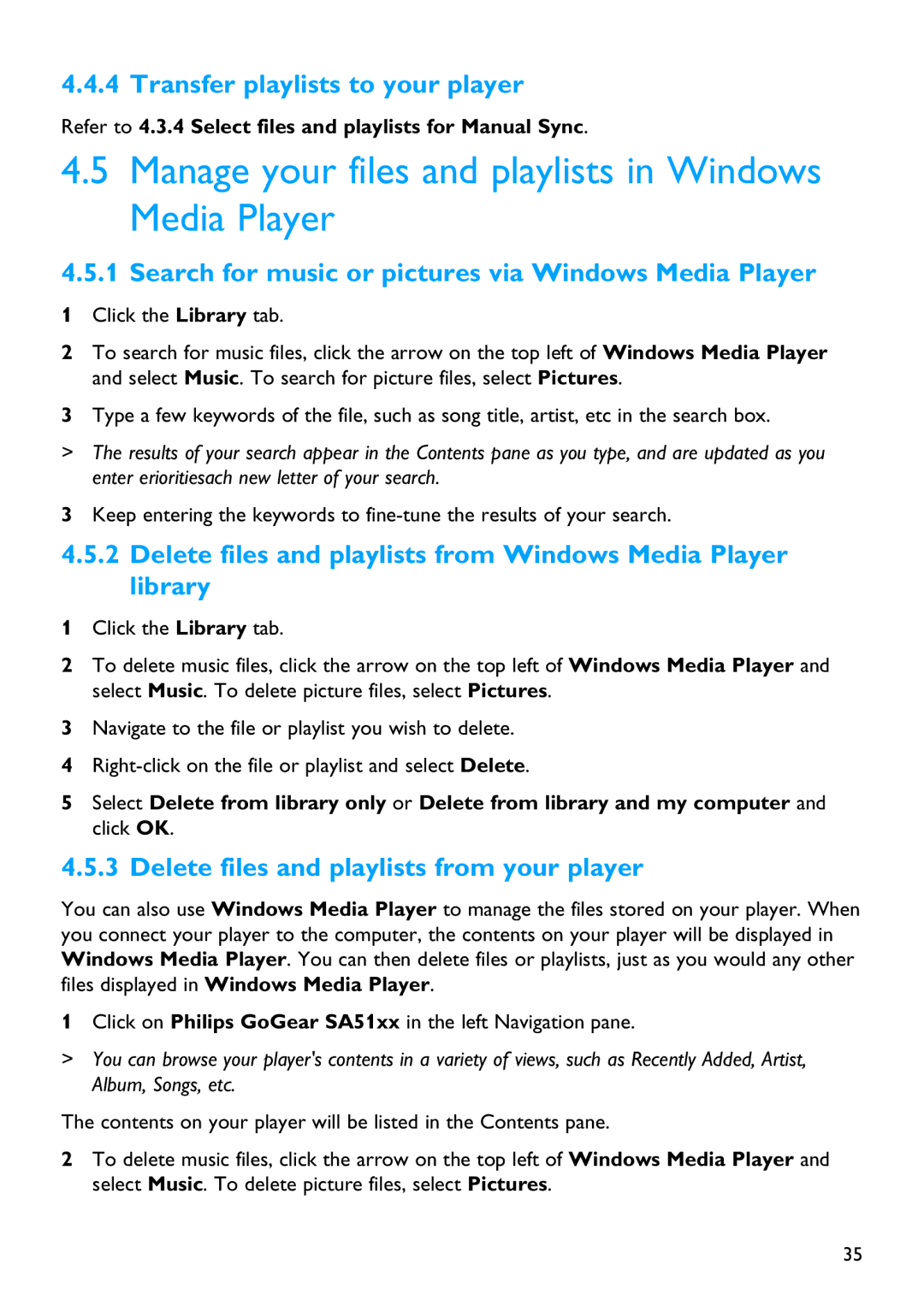 Philips SA5145, SA5115, SA5124 Manage your files and playlists in Windows Media Player, Transfer playlists to your player 