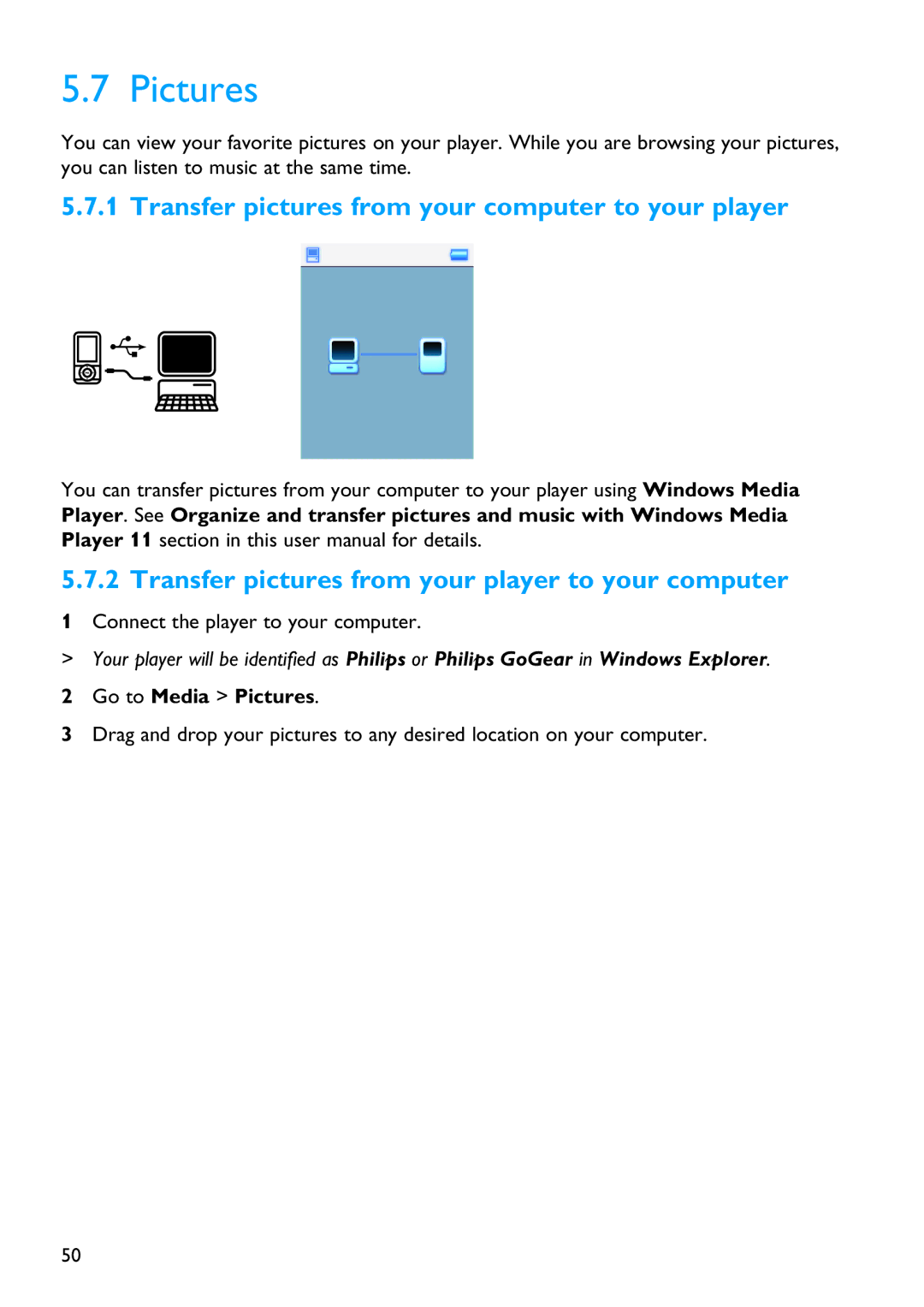 Philips SA5115, SA5145, SA5124, SA5144 manual Transfer pictures from your computer to your player, Go to Media Pictures 