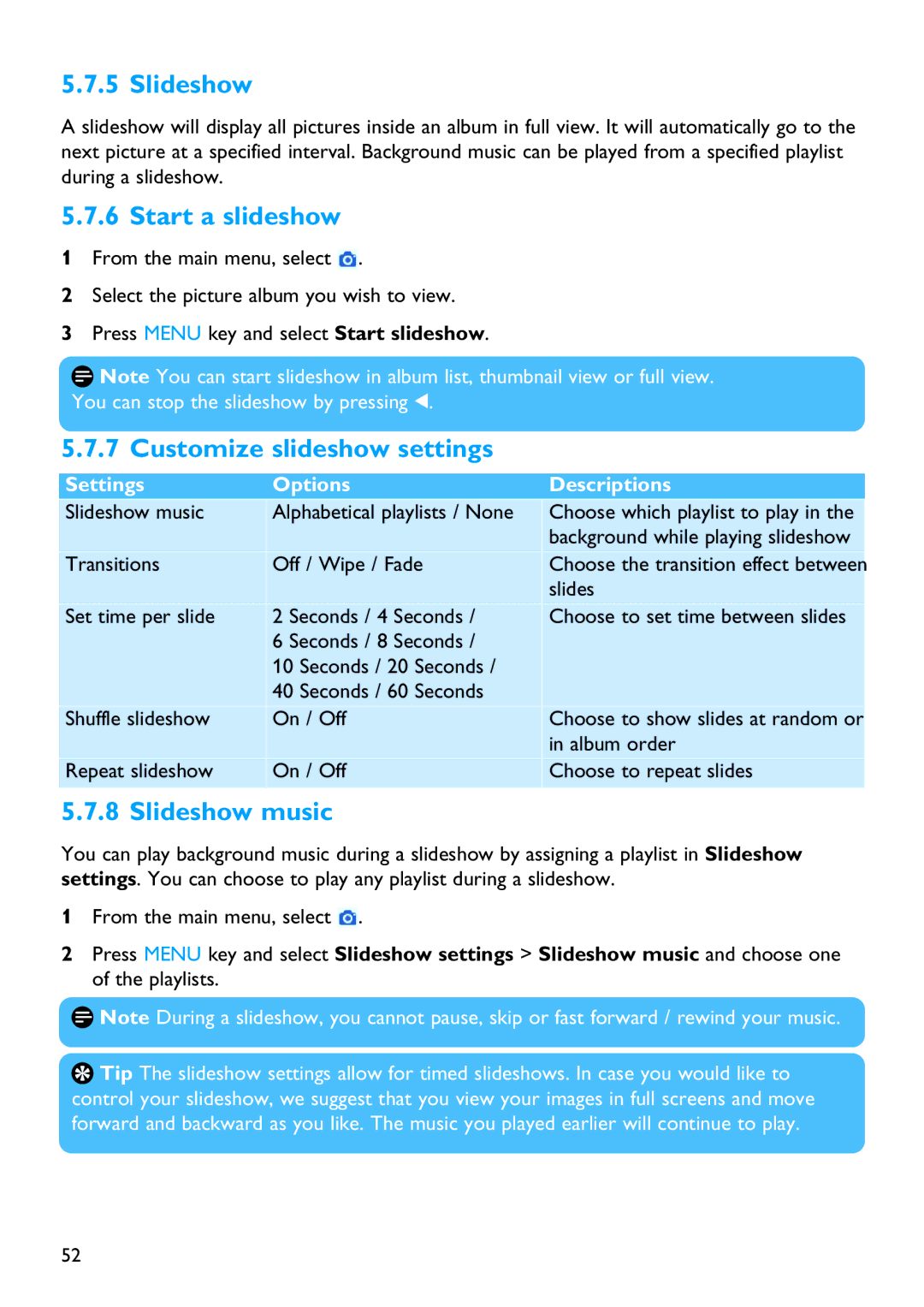 Philips SA5124, SA5115, SA5145, SA5144 manual Start a slideshow, Customize slideshow settings, Slideshow music 