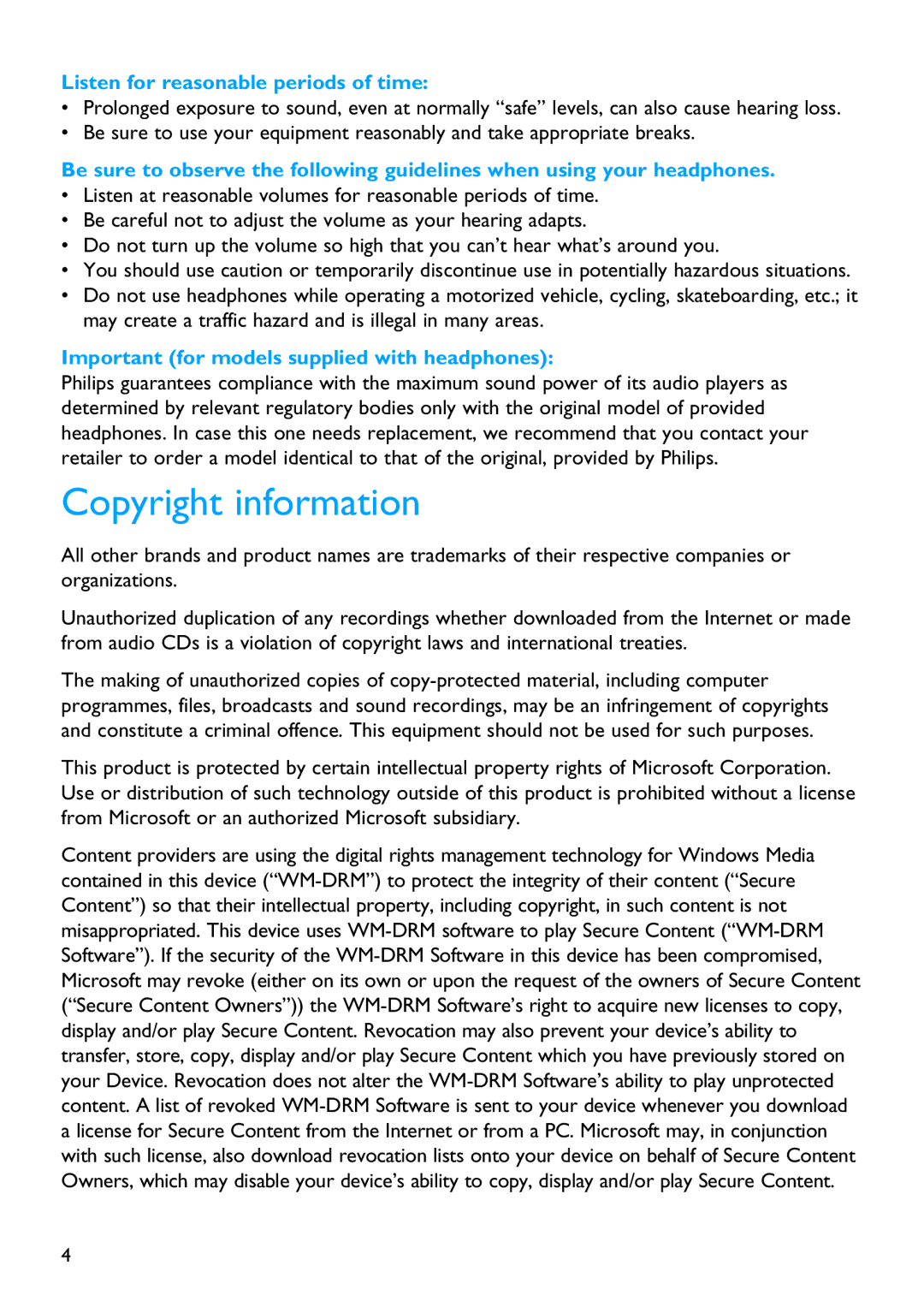 Philips SA5124, SA5115, SA5145, SA5144 manual Copyright information, Listen for reasonable periods of time 