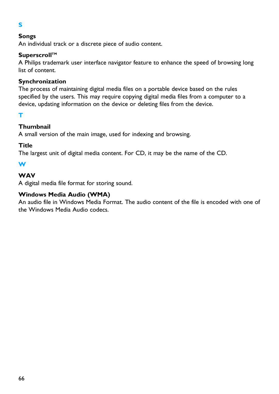 Philips SA5115, SA5145, SA5124, SA5144 manual Songs, SuperscrollTM, Synchronization, Thumbnail, Title, Windows Media Audio WMA 