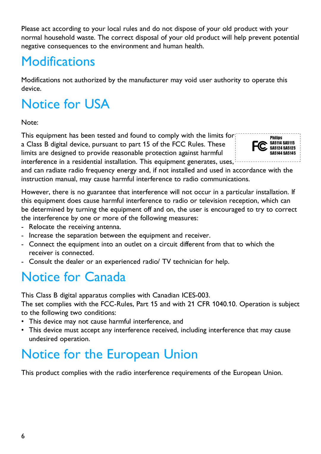 Philips SA5115, SA5145, SA5124, SA5144 manual Modifications 