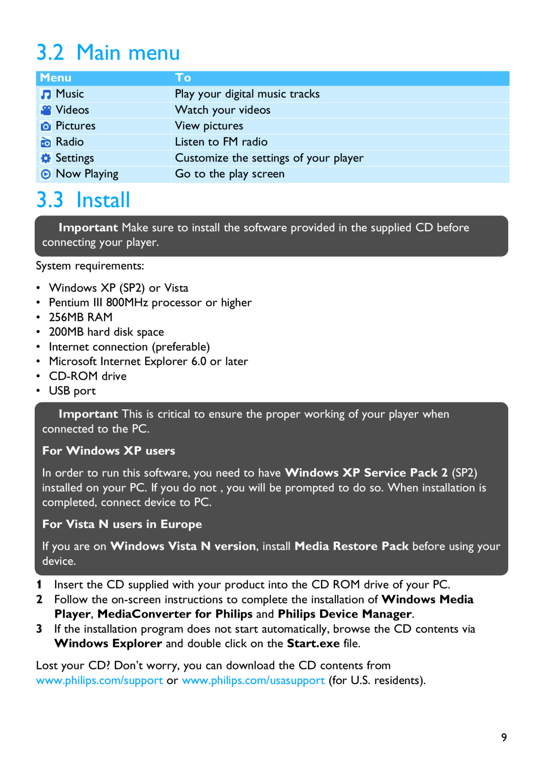 Philips SA5144, SA5115, SA5145, SA5124 manual Main menu, Install, Menu, For Windows XP users, For Vista N users in Europe 