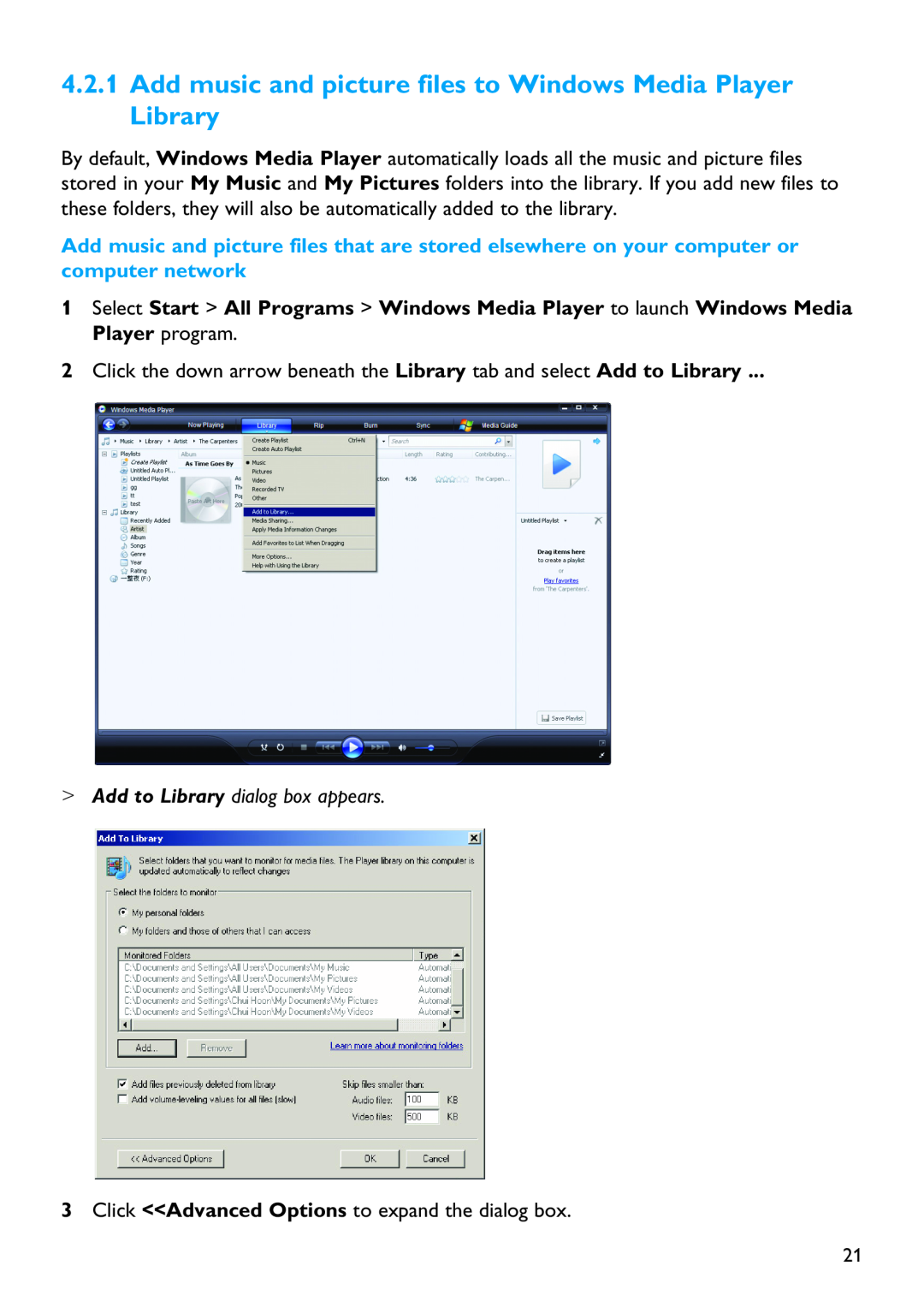 Philips SA5144, SA5115 manual Add music and picture files to Windows Media Player Library, Add to Library dialog box appears 