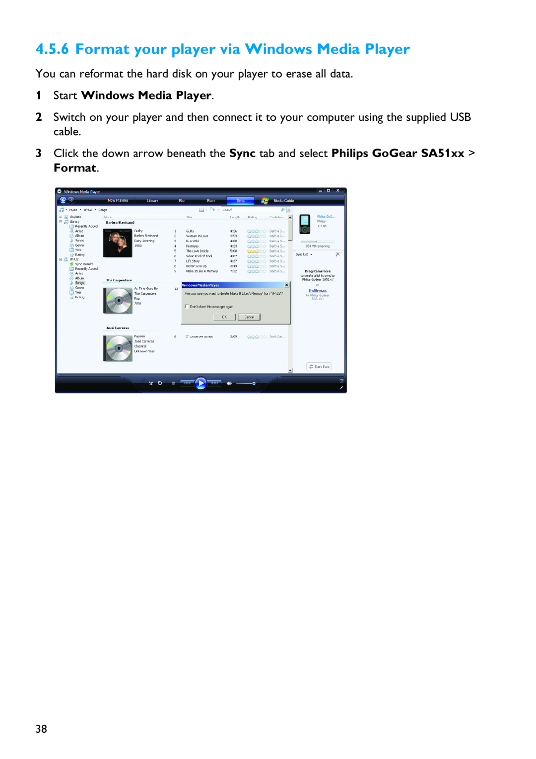 Philips SA5115, SA5145, SA5124, SA5144 manual Format your player via Windows Media Player, Start Windows Media Player 