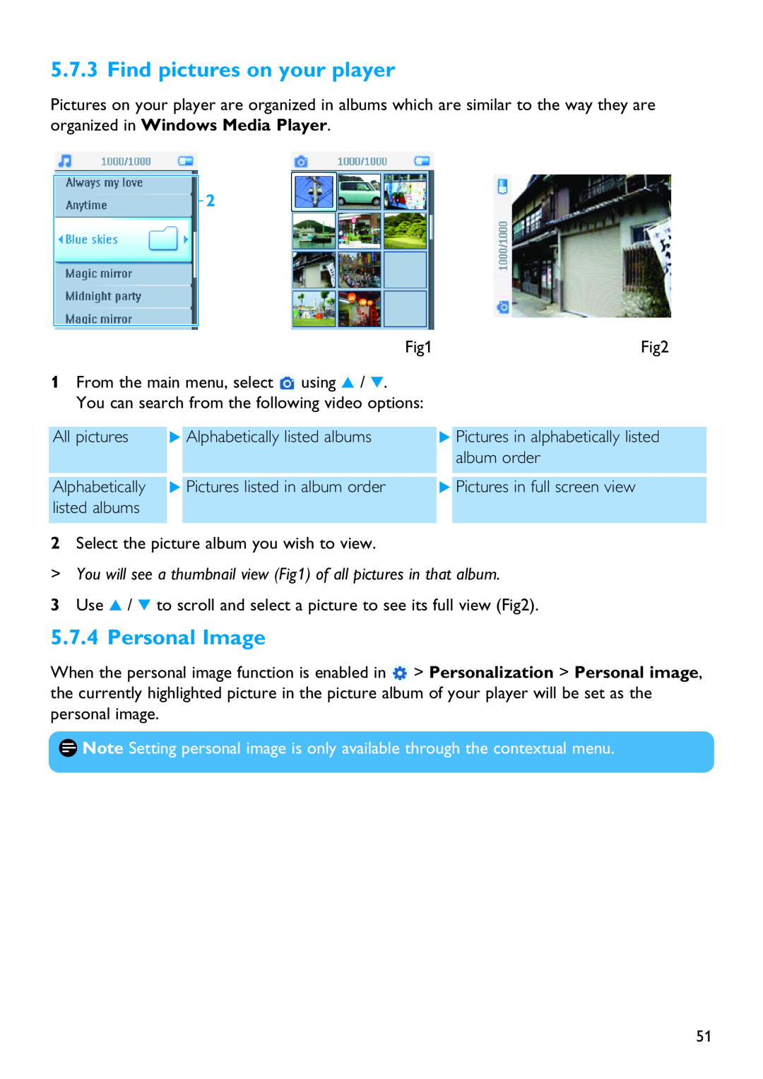 Philips SA5145, SA5115, SA5124, SA5144 manual Find pictures on your player, Personal Image 
