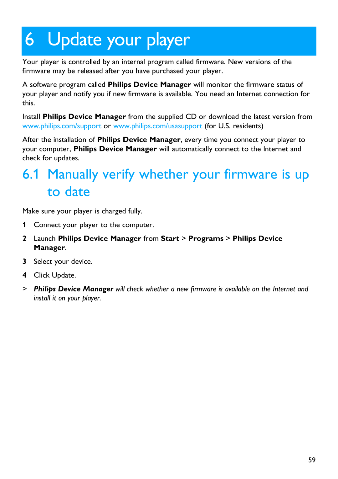 Philips SA5145, SA5115, SA5124, SA5144 manual Update your player, Manually verify whether your firmware is up to date 