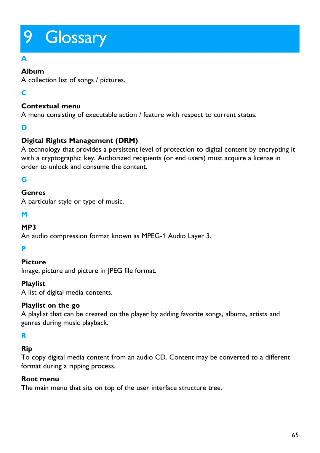 Philips SA5144 manual Glossary, Album, Contextual menu, Digital Rights Management DRM, Genres, Picture, Playlist, Root menu 