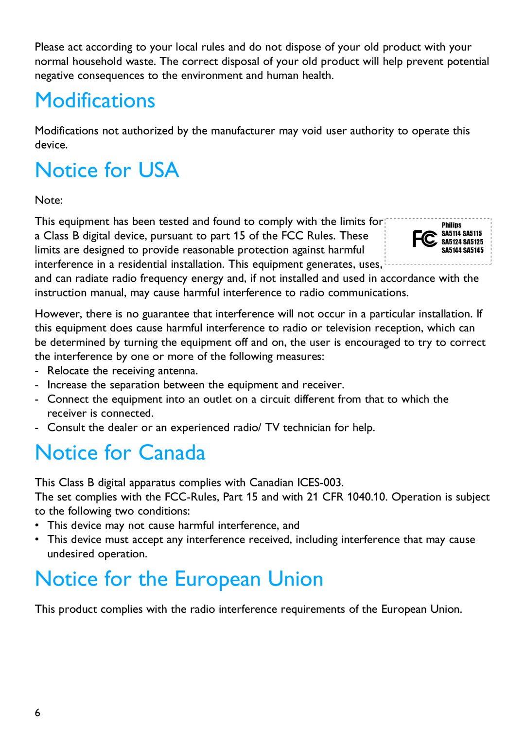 Philips SA5115, SA5145, SA5124, SA5144 manual Modifications, Notice for USA, Notice for Canada, Notice for the European Union 