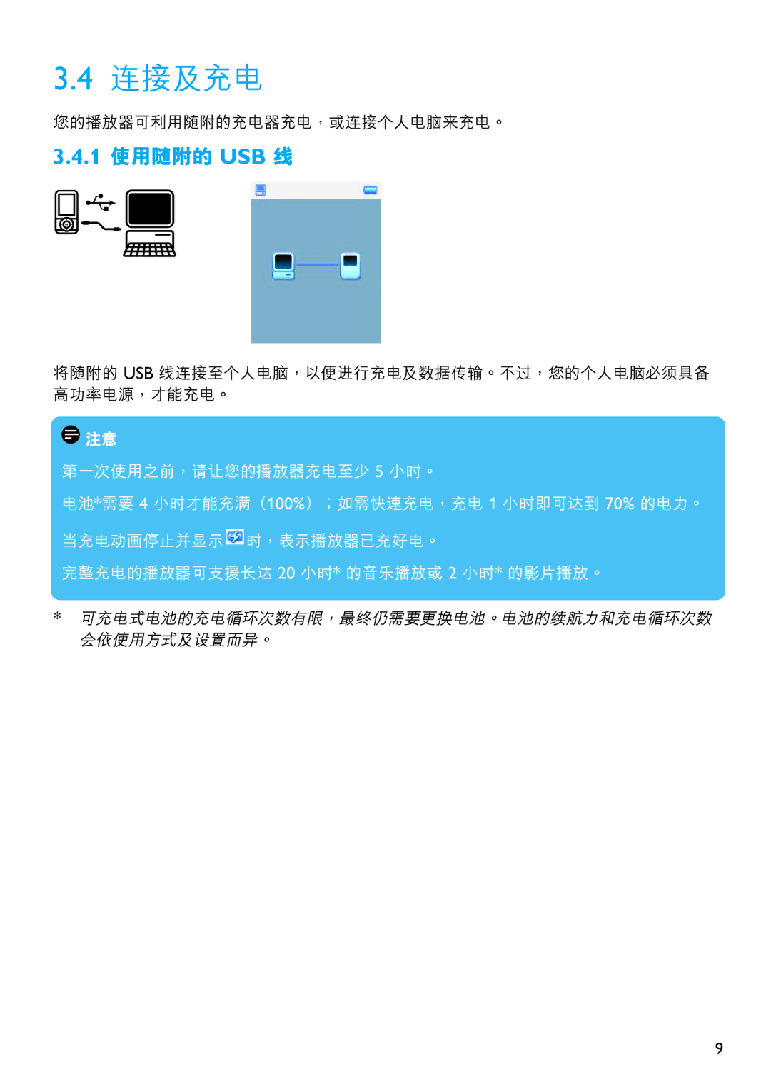 Philips SA5144, SA5125, SA5115, SA5145, SA5114, SA5124 manual 連接及充電, 1 使用隨附的 USB 線 