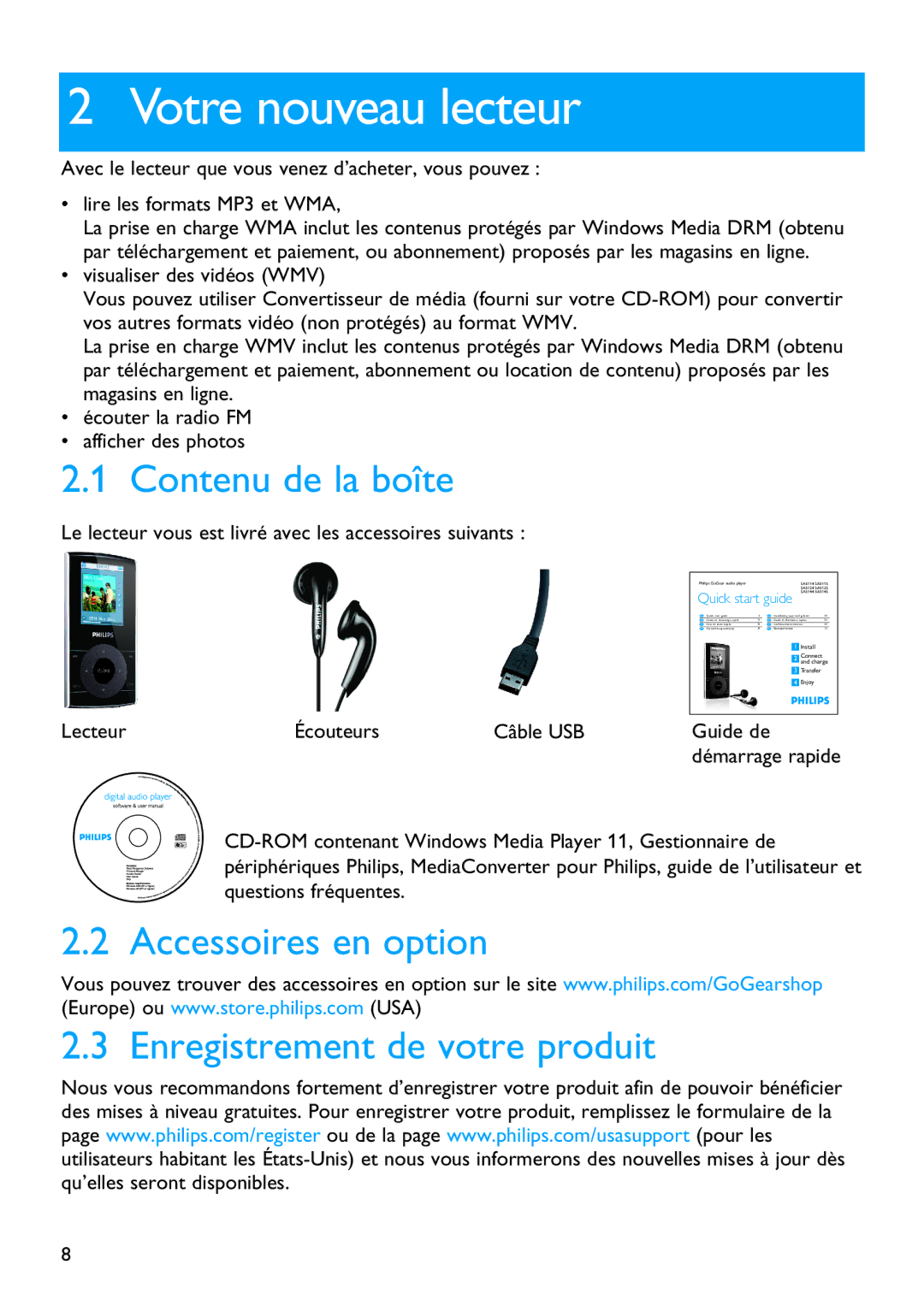 Philips SA5125 manual Votre nouveau lecteur, Contenu de la boîte, Accessoires en option Enregistrement de votre produit 