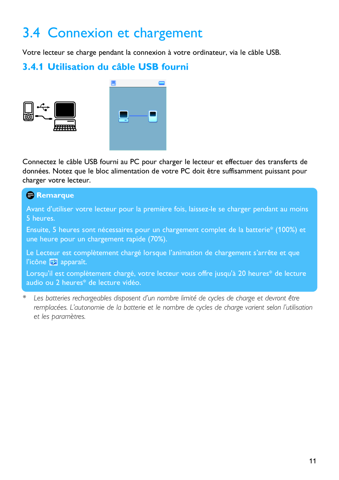 Philips SA5125 manual Connexion et chargement, Utilisation du câble USB fourni 