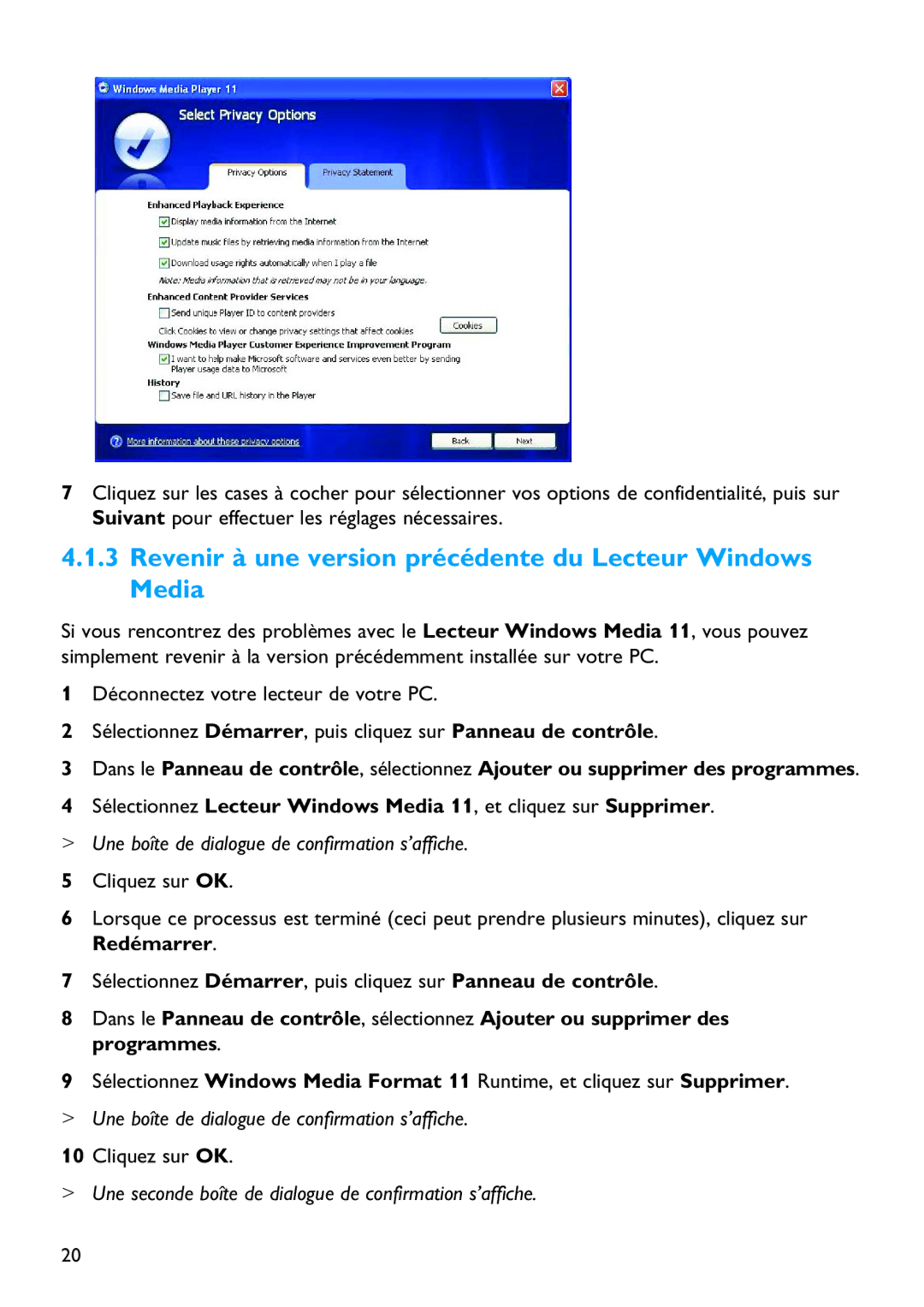 Philips SA5125 Revenir à une version précédente du Lecteur Windows Media, Une boîte de dialogue de confirmation s’affiche 