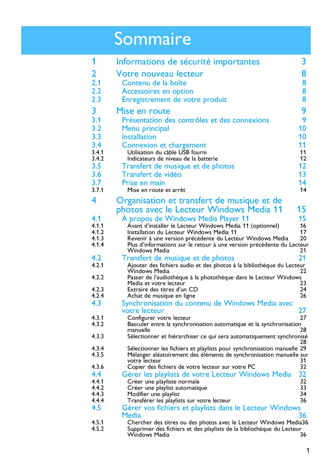 Philips SA5125 manual Sommaire, Mise en route 