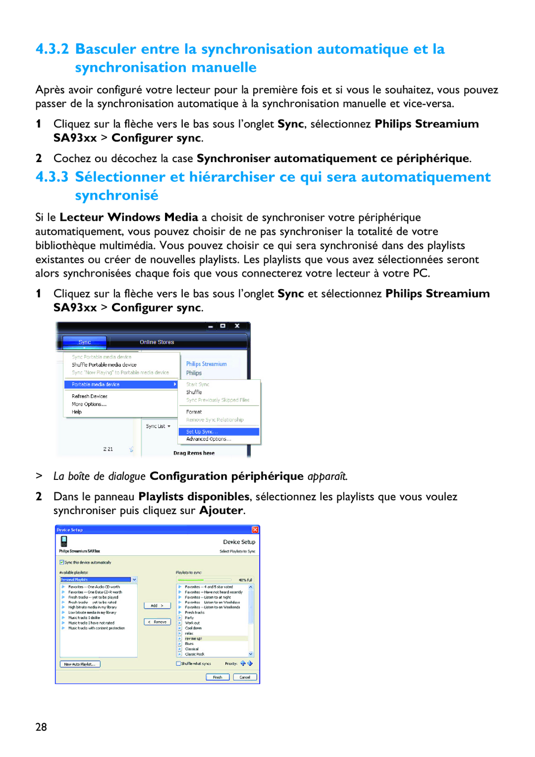 Philips SA5125 manual La boîte de dialogue Configuration périphérique apparaît 