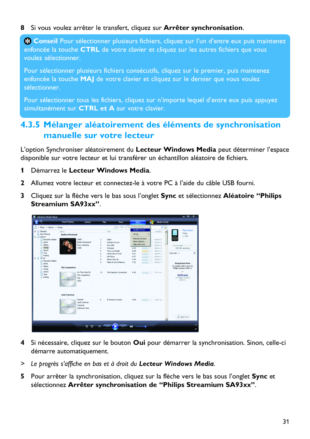 Philips SA5125 manual Démarrez le Lecteur Windows Media 