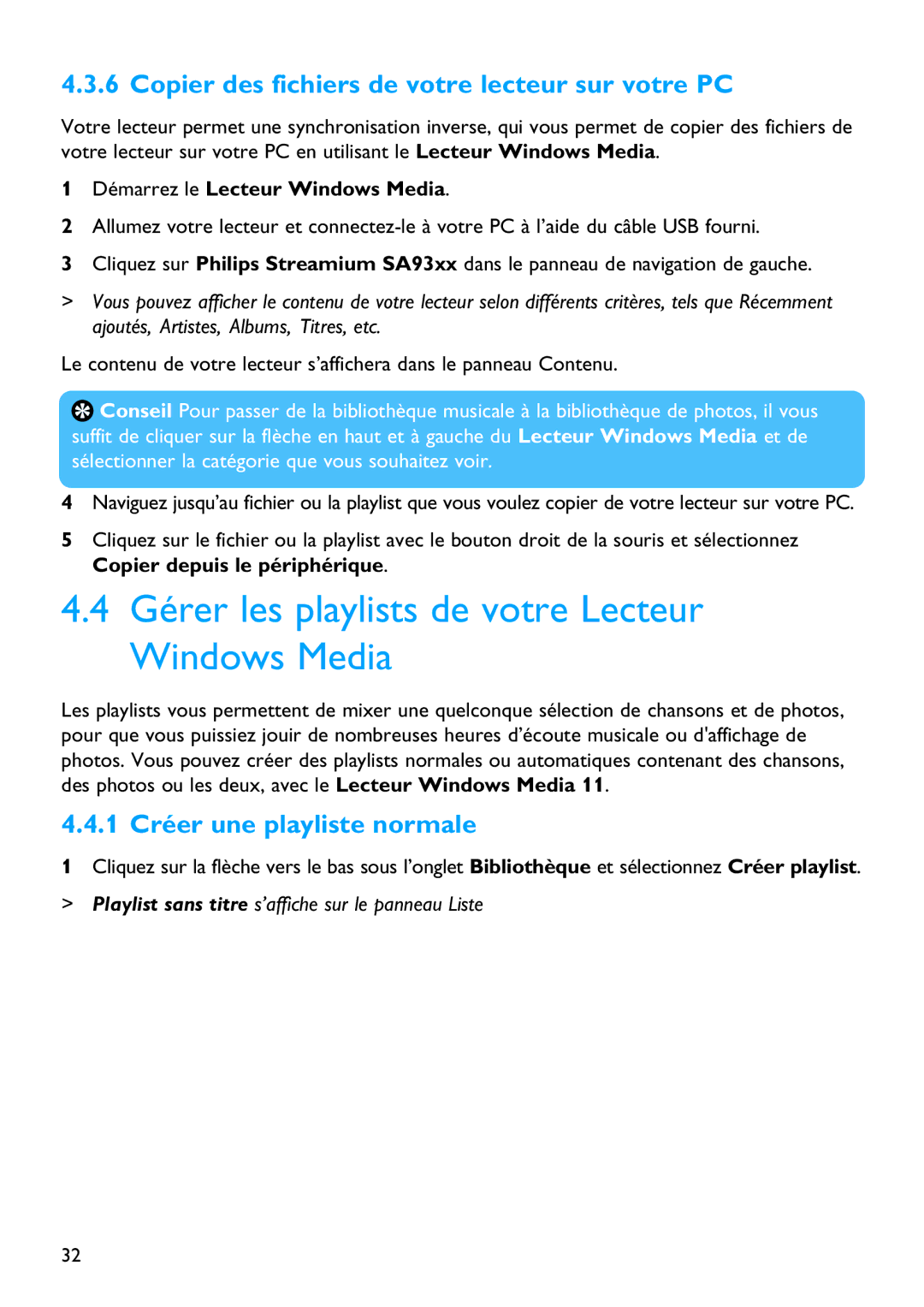 Philips SA5125 manual Gérer les playlists de votre Lecteur Windows Media, Copier des fichiers de votre lecteur sur votre PC 