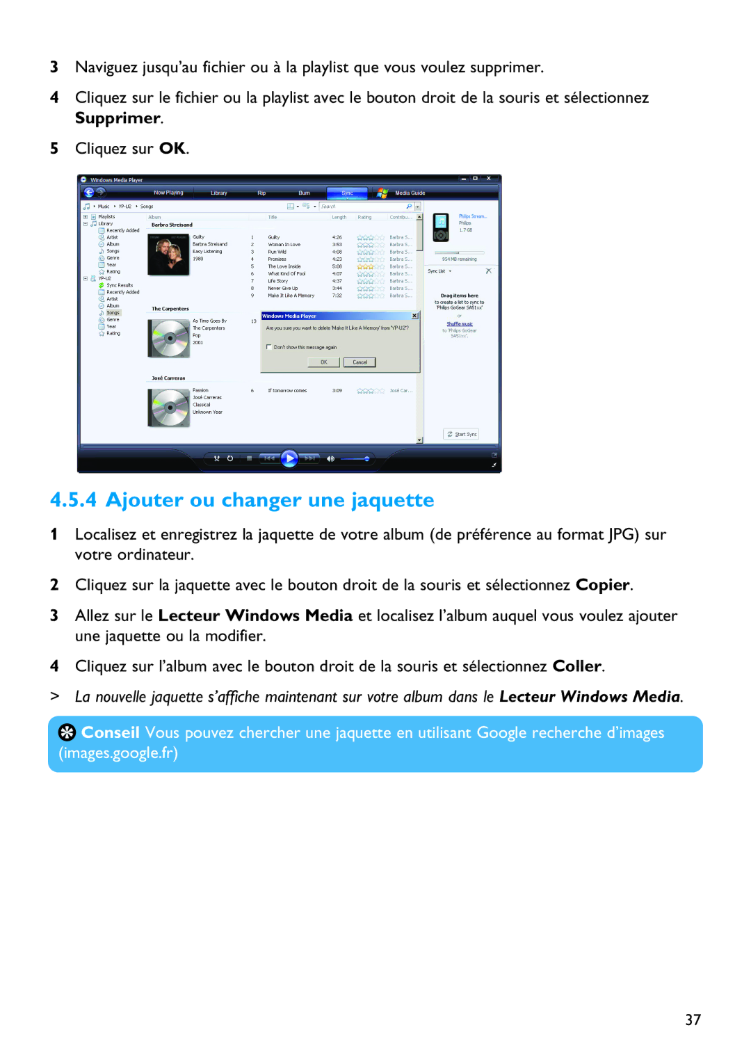 Philips SA5125 manual Ajouter ou changer une jaquette 