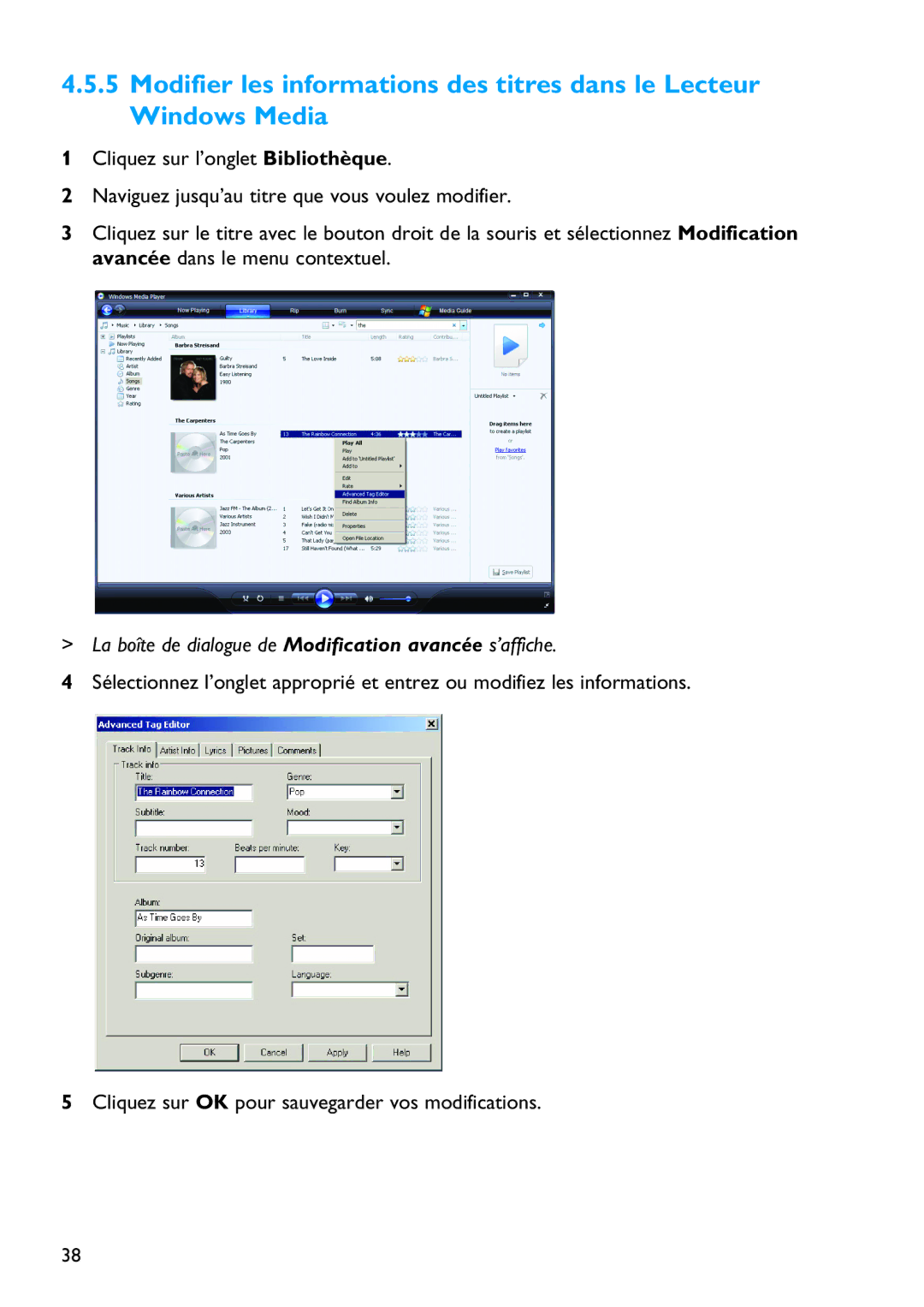 Philips SA5125 manual La boîte de dialogue de Modification avancée s’affiche 