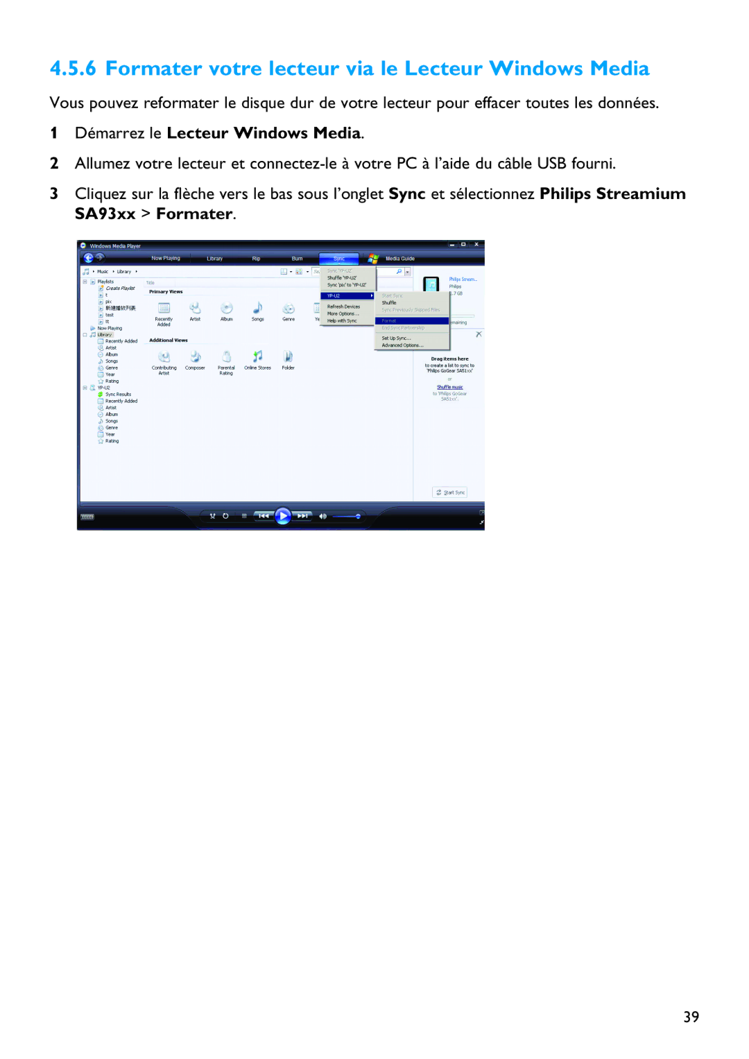 Philips SA5125 manual Formater votre lecteur via le Lecteur Windows Media 