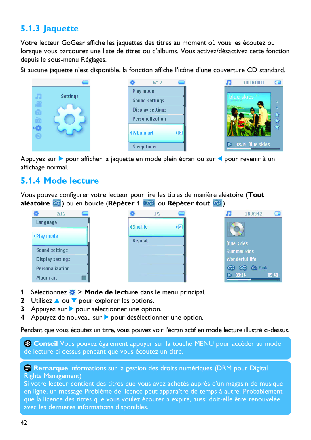 Philips SA5125 manual Jaquette, Mode lecture 