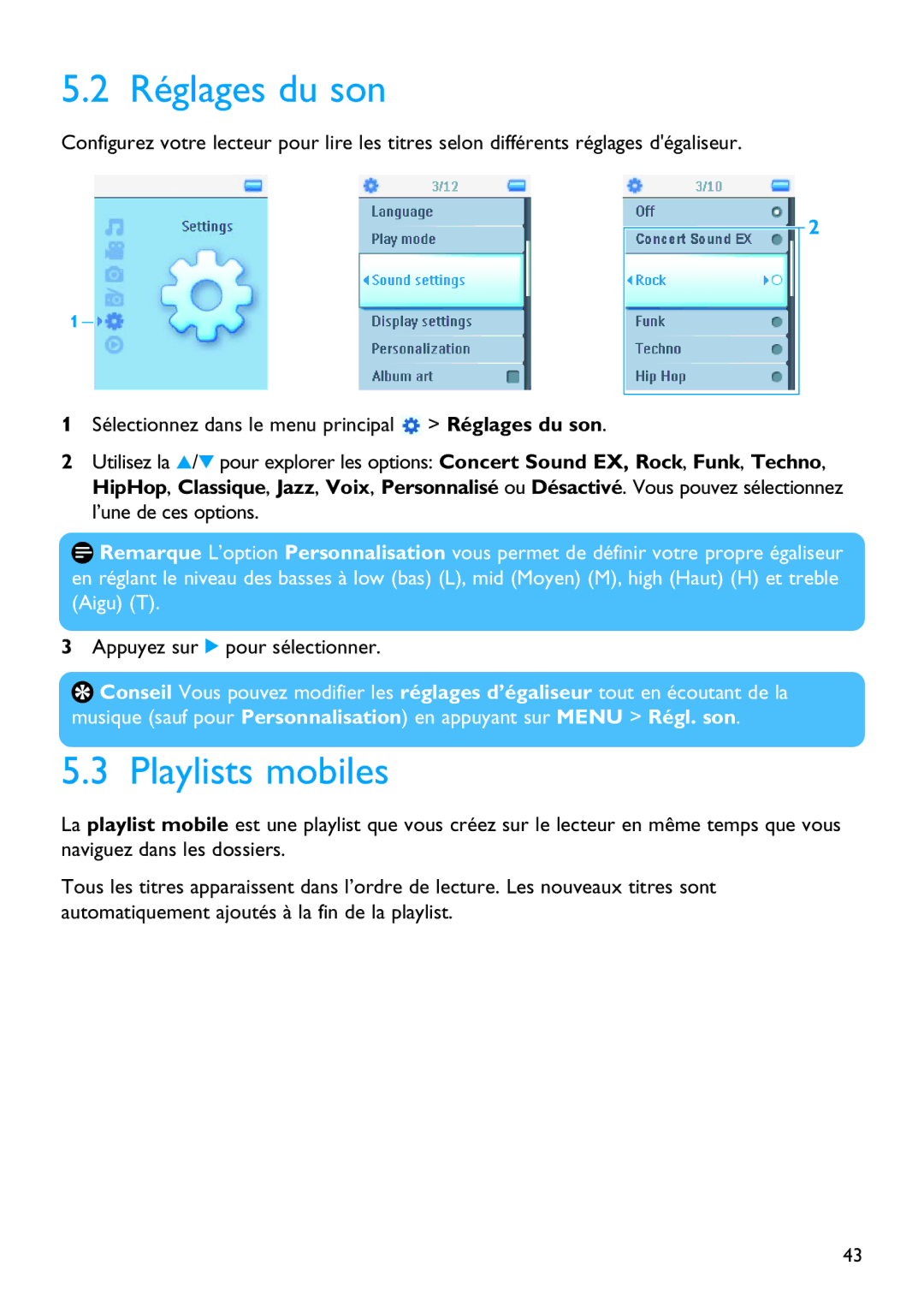 Philips SA5125 manual Réglages du son, Playlists mobiles 