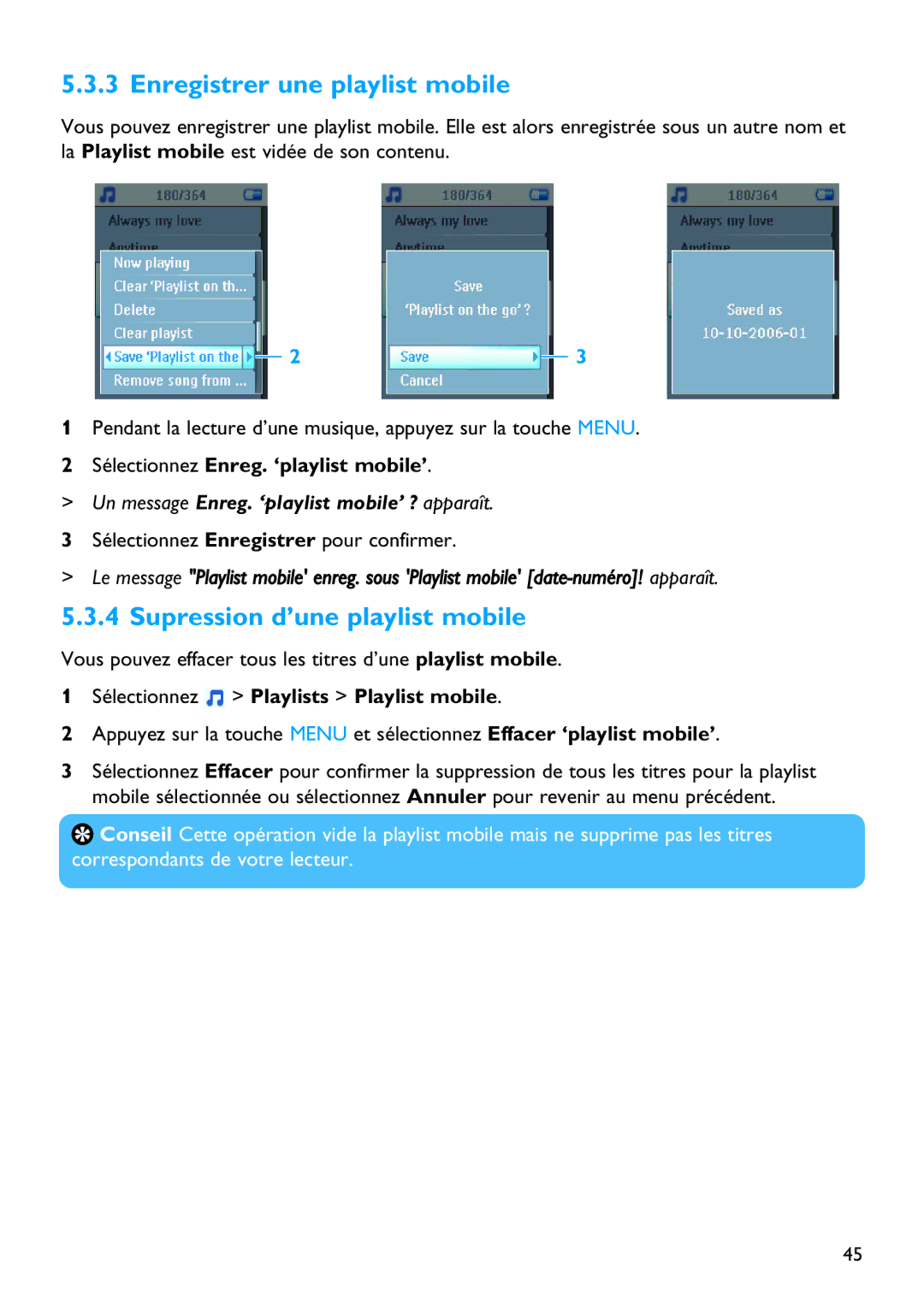 Philips SA5125 manual Enregistrer une playlist mobile, Supression d’une playlist mobile 