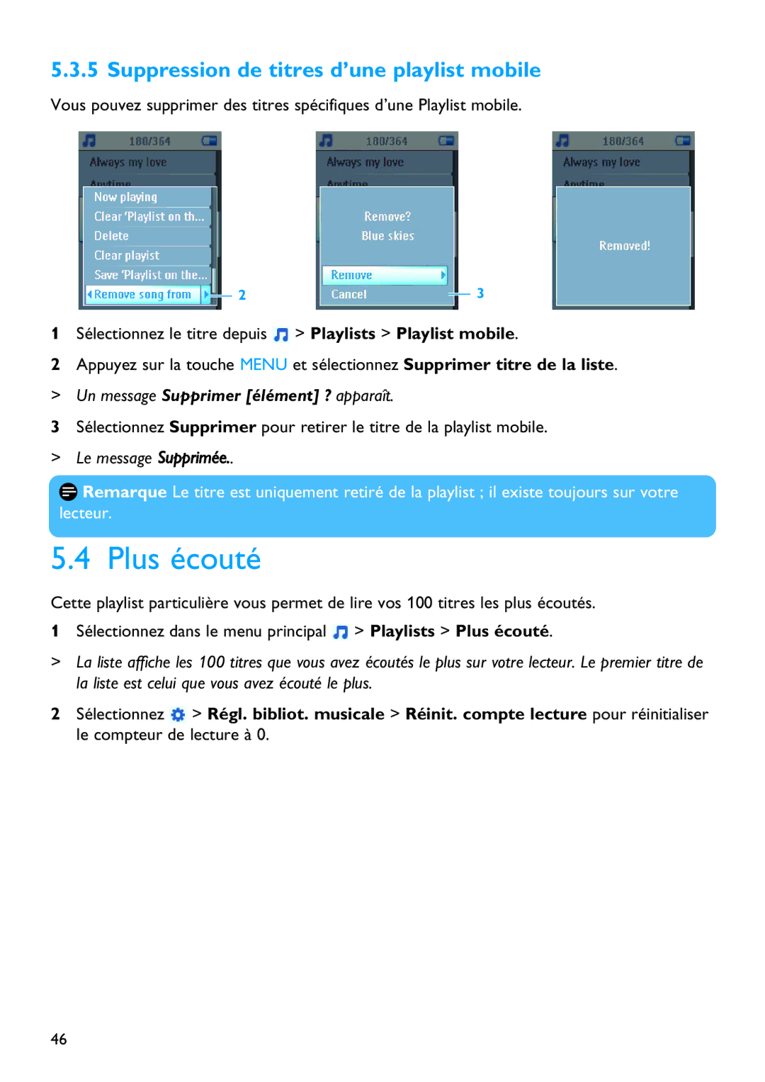 Philips SA5125 manual Plus écouté, Suppression de titres d’une playlist mobile, Le message Supprimée 