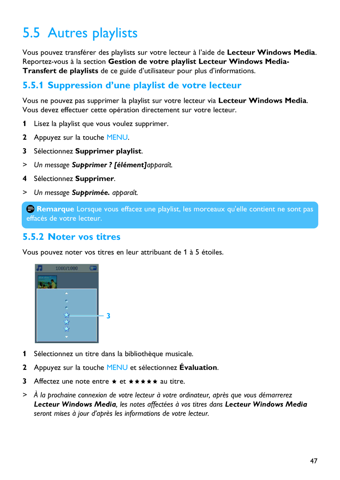 Philips SA5125 manual Autres playlists, Suppression d’une playlist de votre lecteur, Un message Supprimée. apparaît 