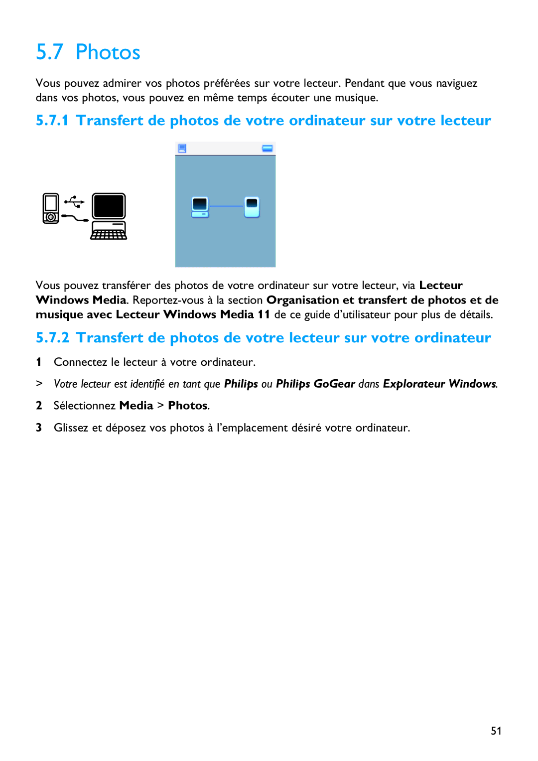 Philips SA5125 manual Photos, Transfert de photos de votre ordinateur sur votre lecteur 