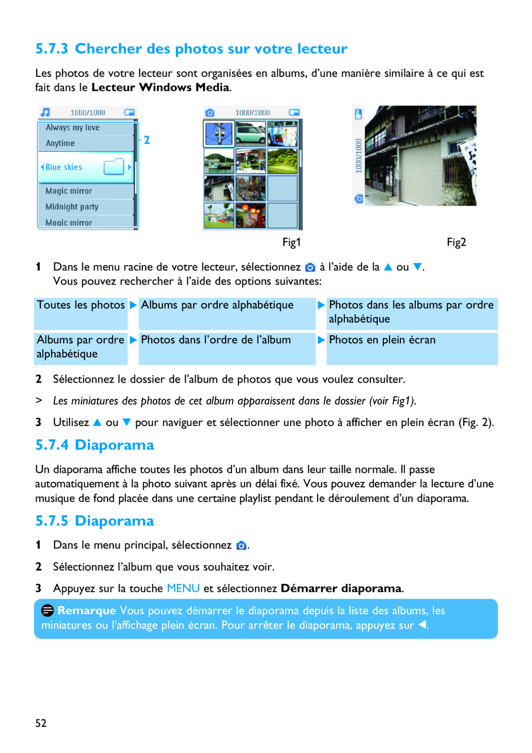 Philips SA5125 manual Chercher des photos sur votre lecteur, Diaporama 