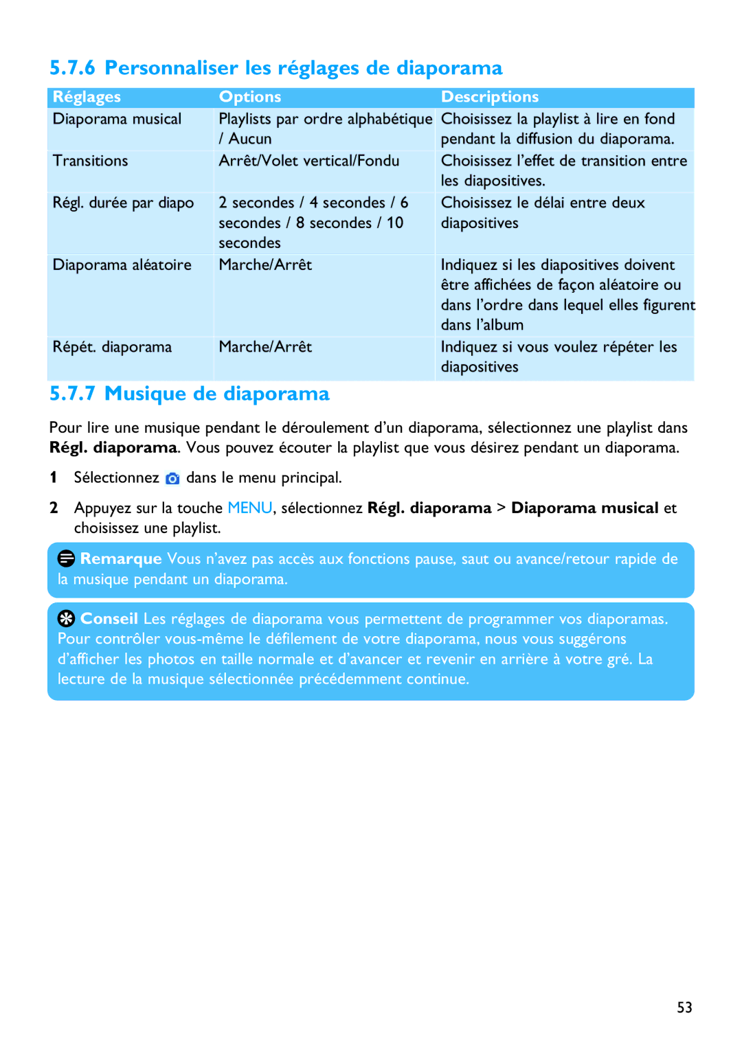 Philips SA5125 manual Personnaliser les réglages de diaporama, Musique de diaporama 