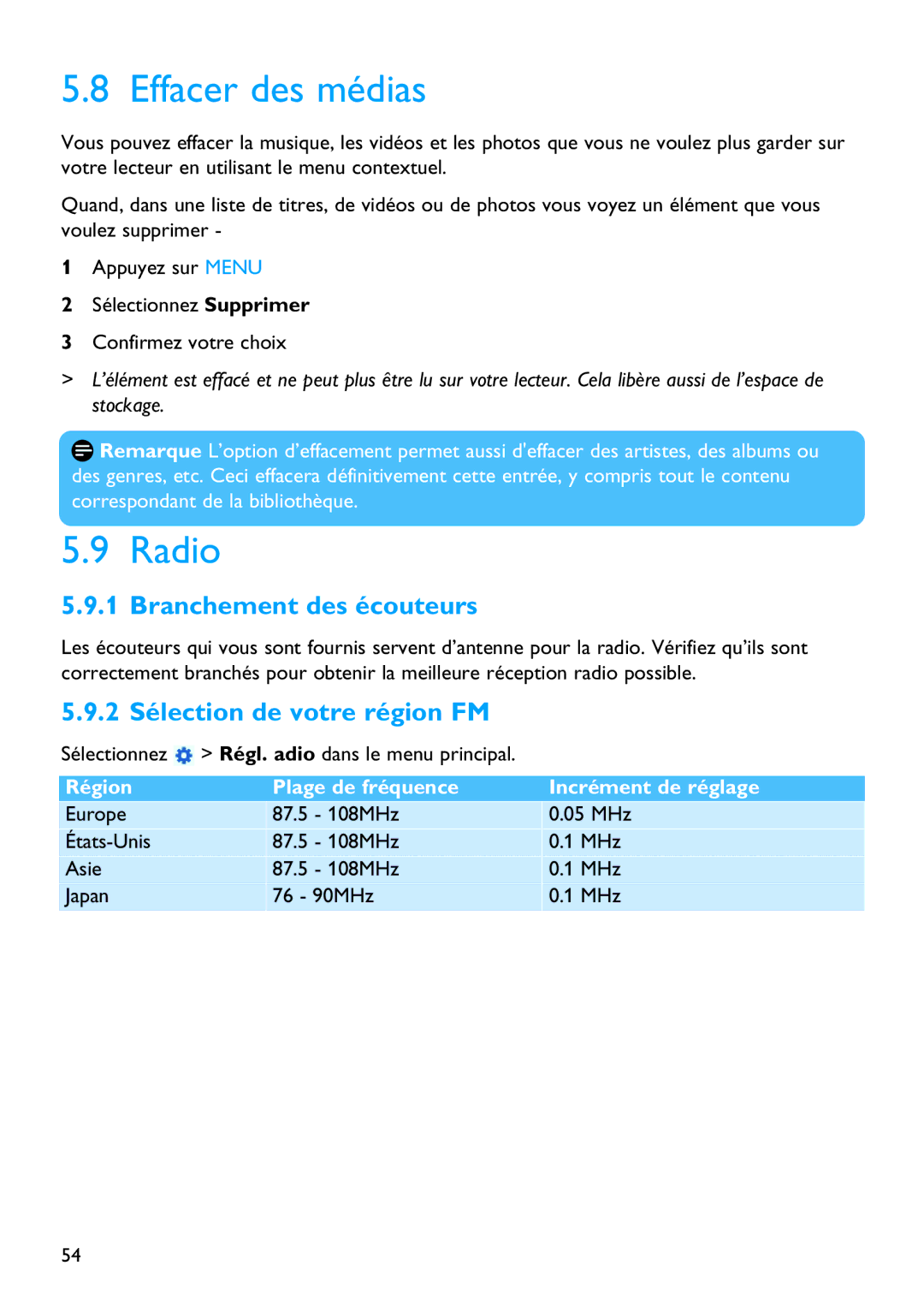 Philips SA5125 manual Effacer des médias, Radio, Branchement des écouteurs, 2 Sélection de votre région FM 